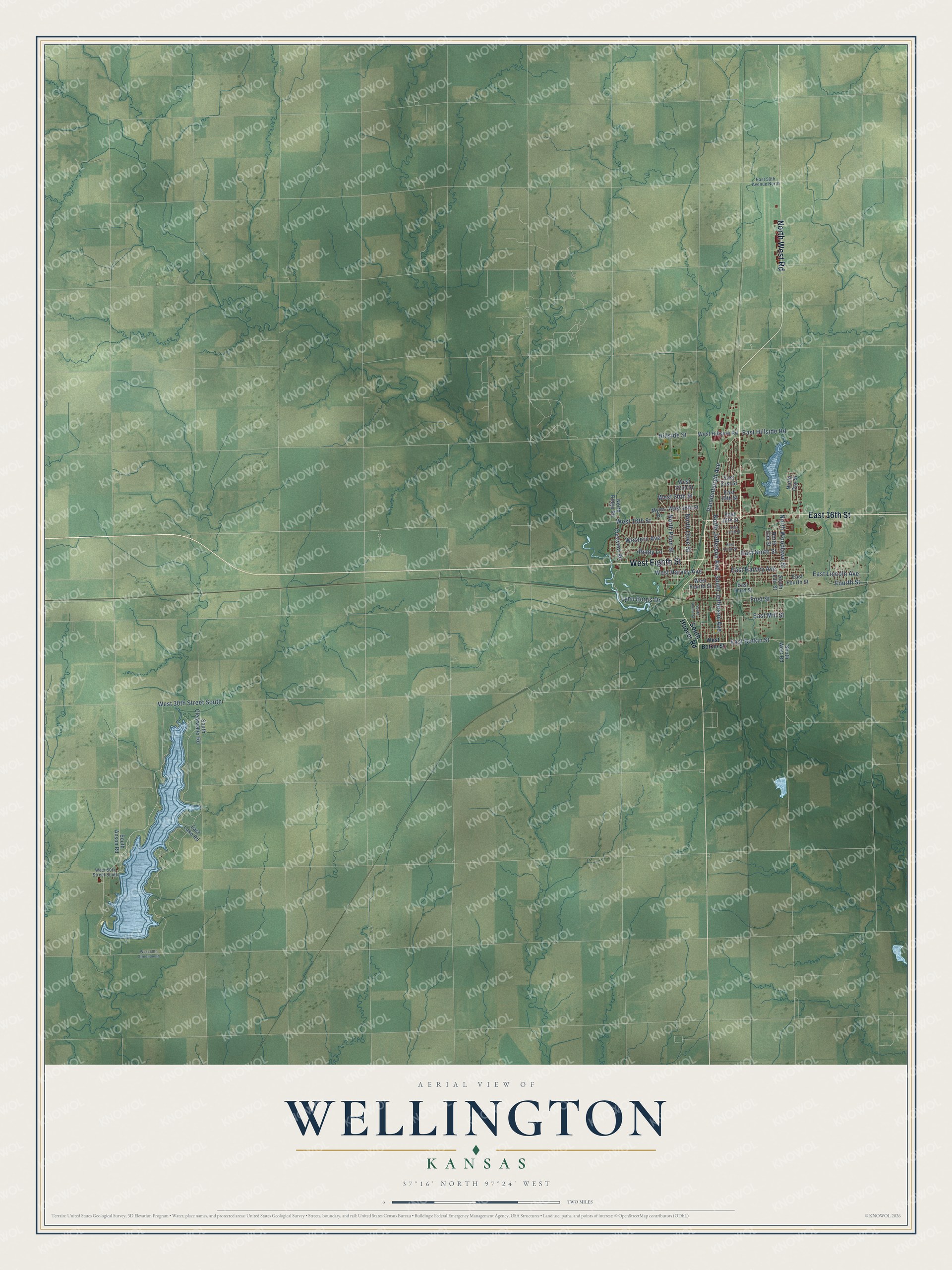 Full map of Wellington, Kansas, with red buildings, printed street names and the land around them