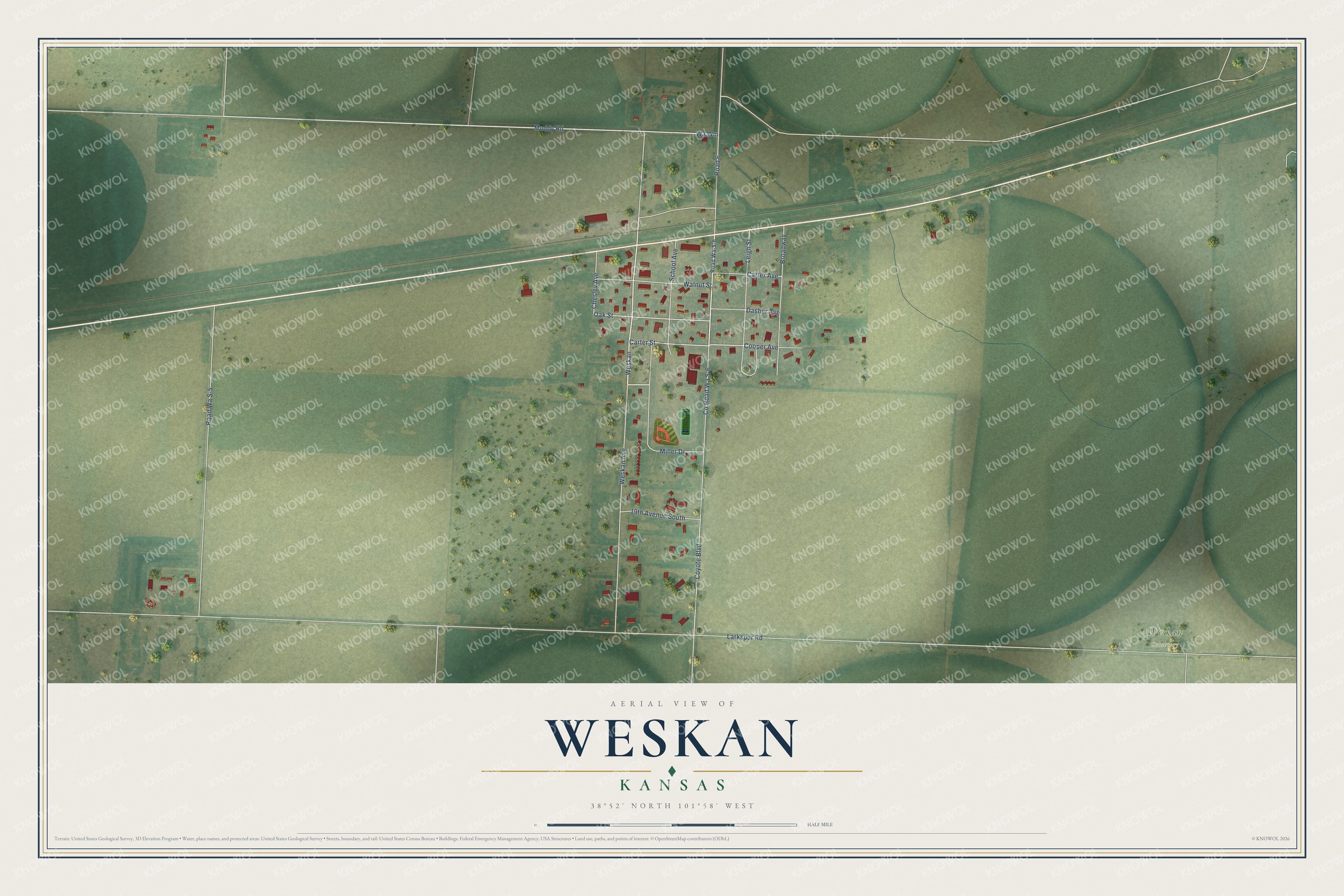 Full map of Weskan, Kansas, with red buildings, printed street names and the land around them