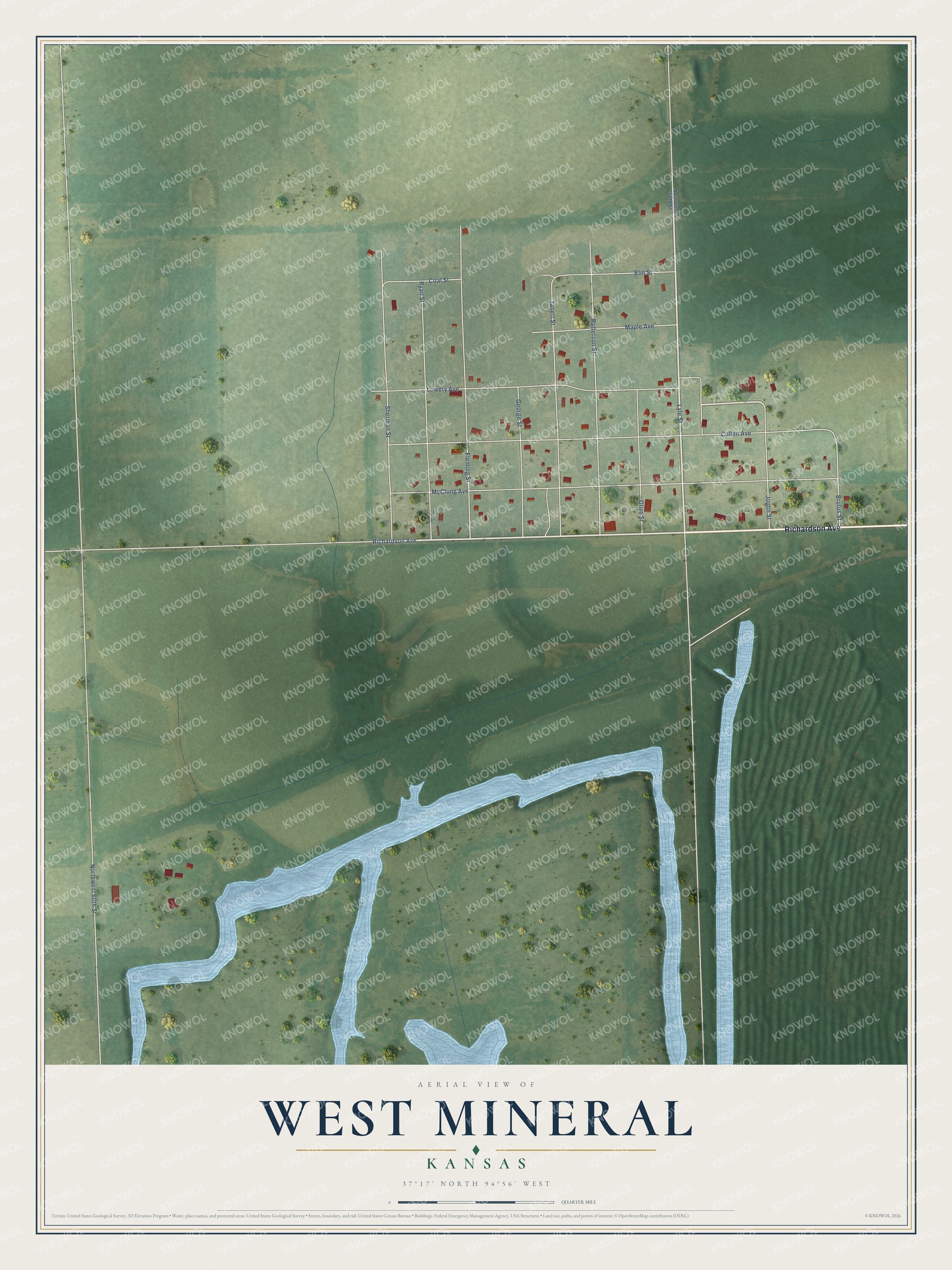 Full map of West Mineral, Kansas, with red buildings, printed street names and the land around them