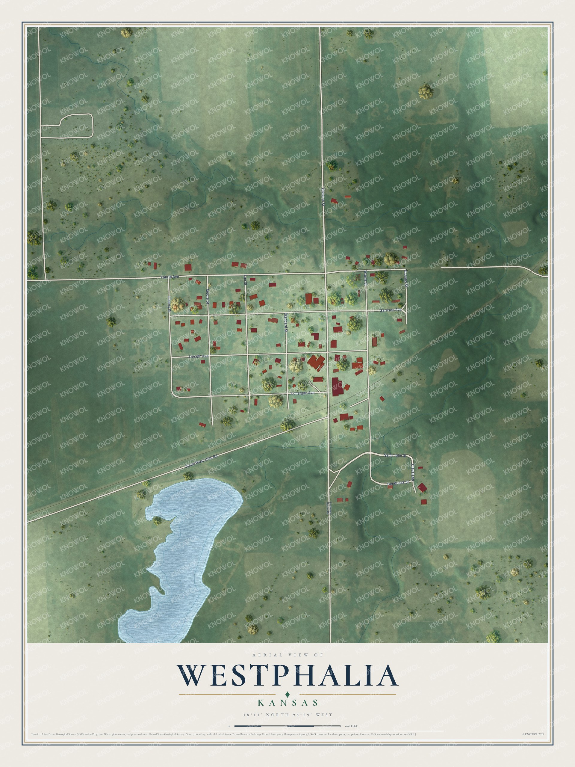 Full map of Westphalia, Kansas, with red buildings, printed street names and the land around them