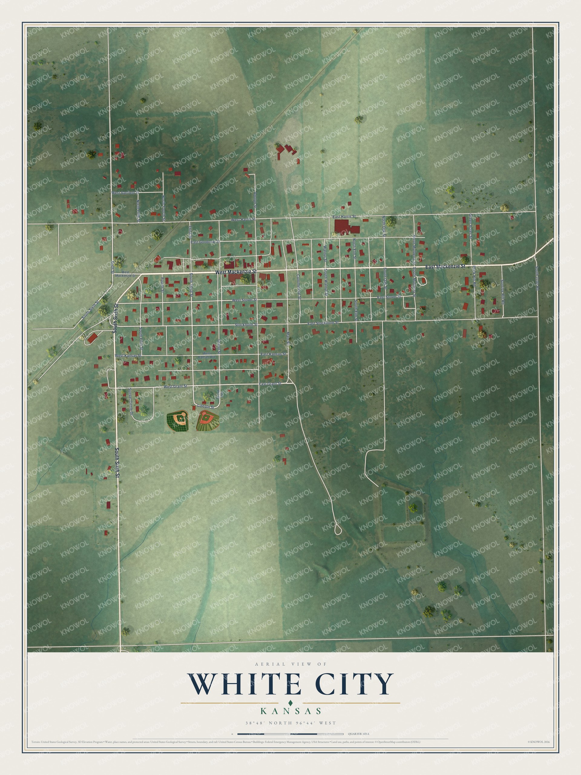 Full map of White City, Kansas, with red buildings, printed street names and the land around them