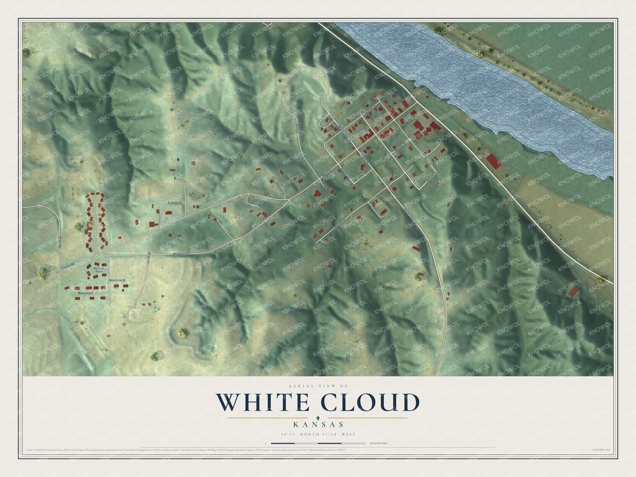 Full map of White Cloud, Kansas, with red buildings, printed street names and the land around them
