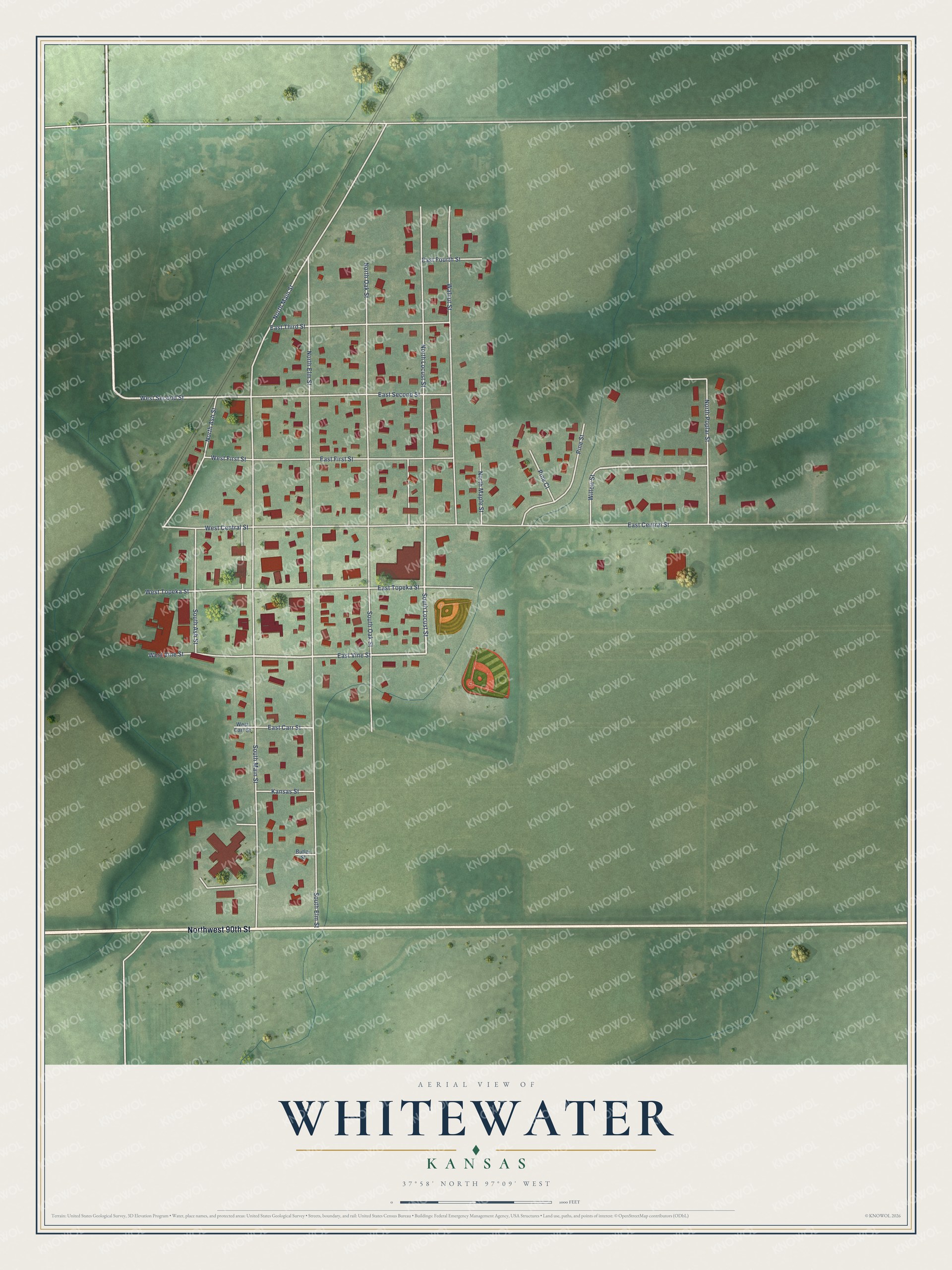 Full map of Whitewater, Kansas, with red buildings, printed street names and the land around them