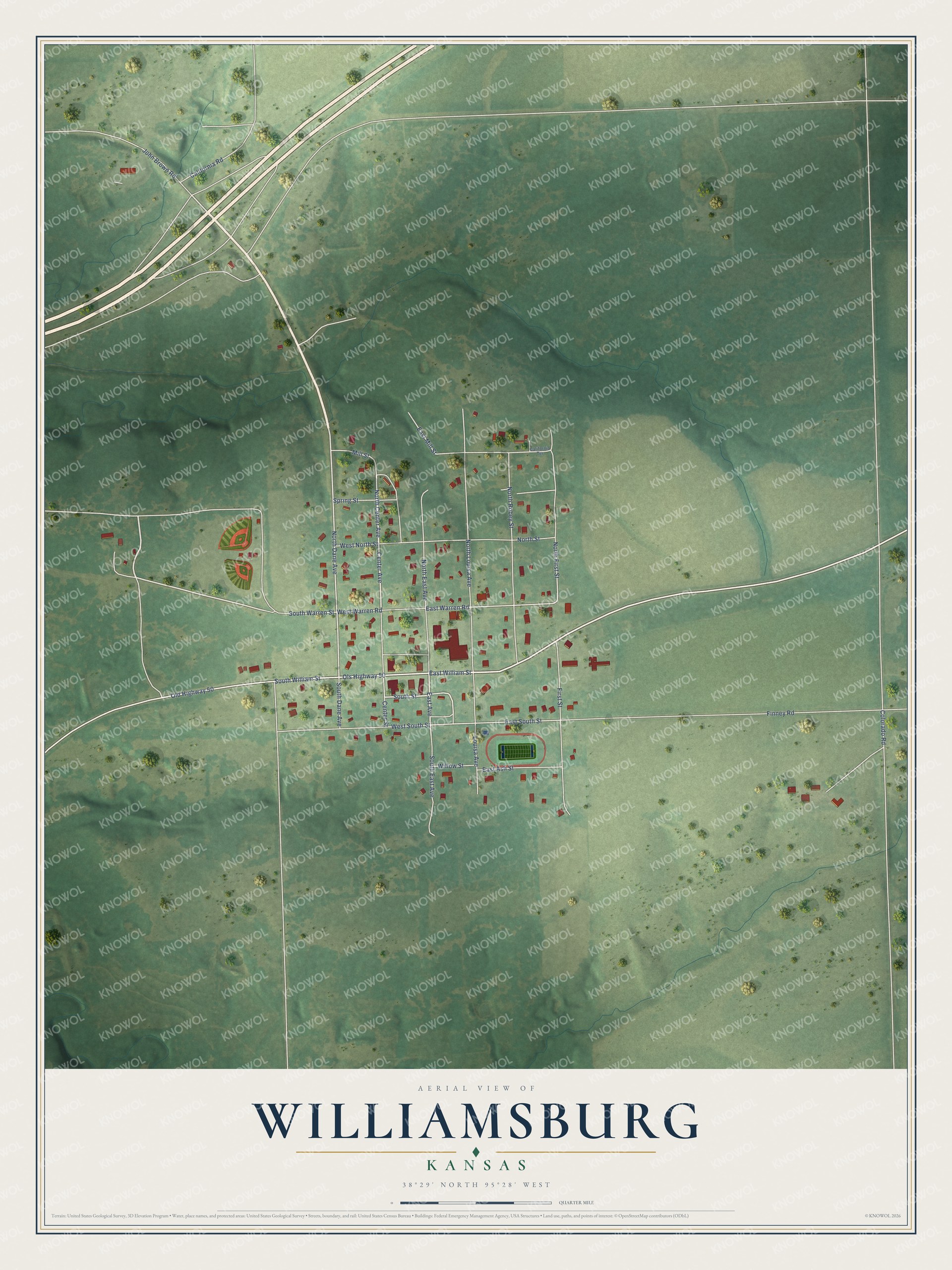 Full map of Williamsburg, Kansas, with red buildings, printed street names and the land around them