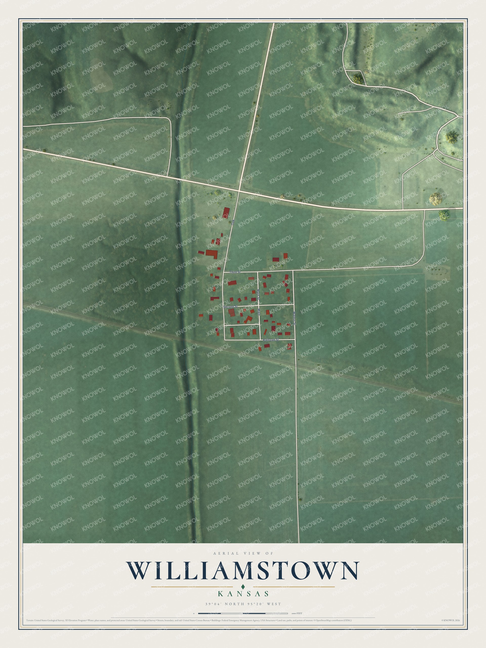 Full map of Williamstown, Kansas, with red buildings, printed street names and the land around them