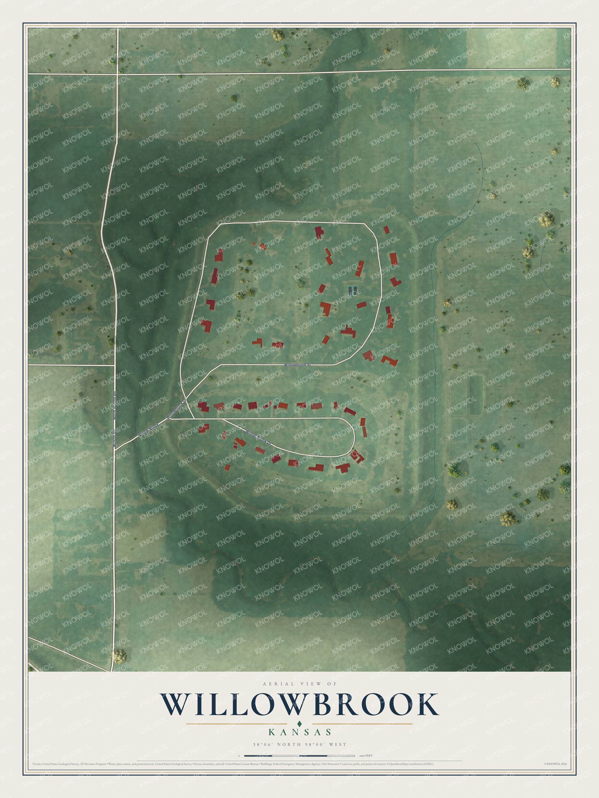 Full map of Willowbrook, Kansas, with red buildings, printed street names and the land around them