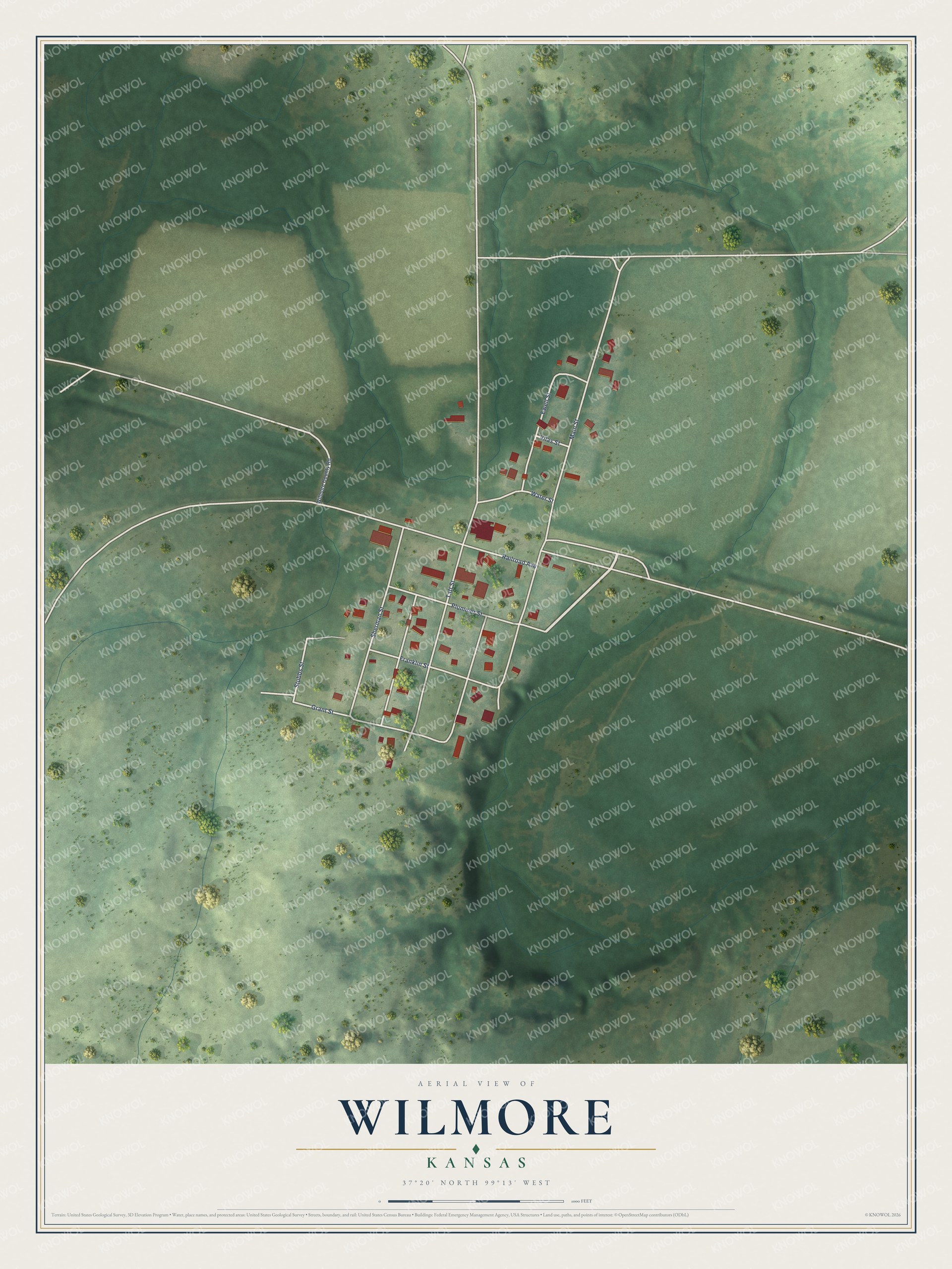 Full map of Wilmore, Kansas, with red buildings, printed street names and the land around them