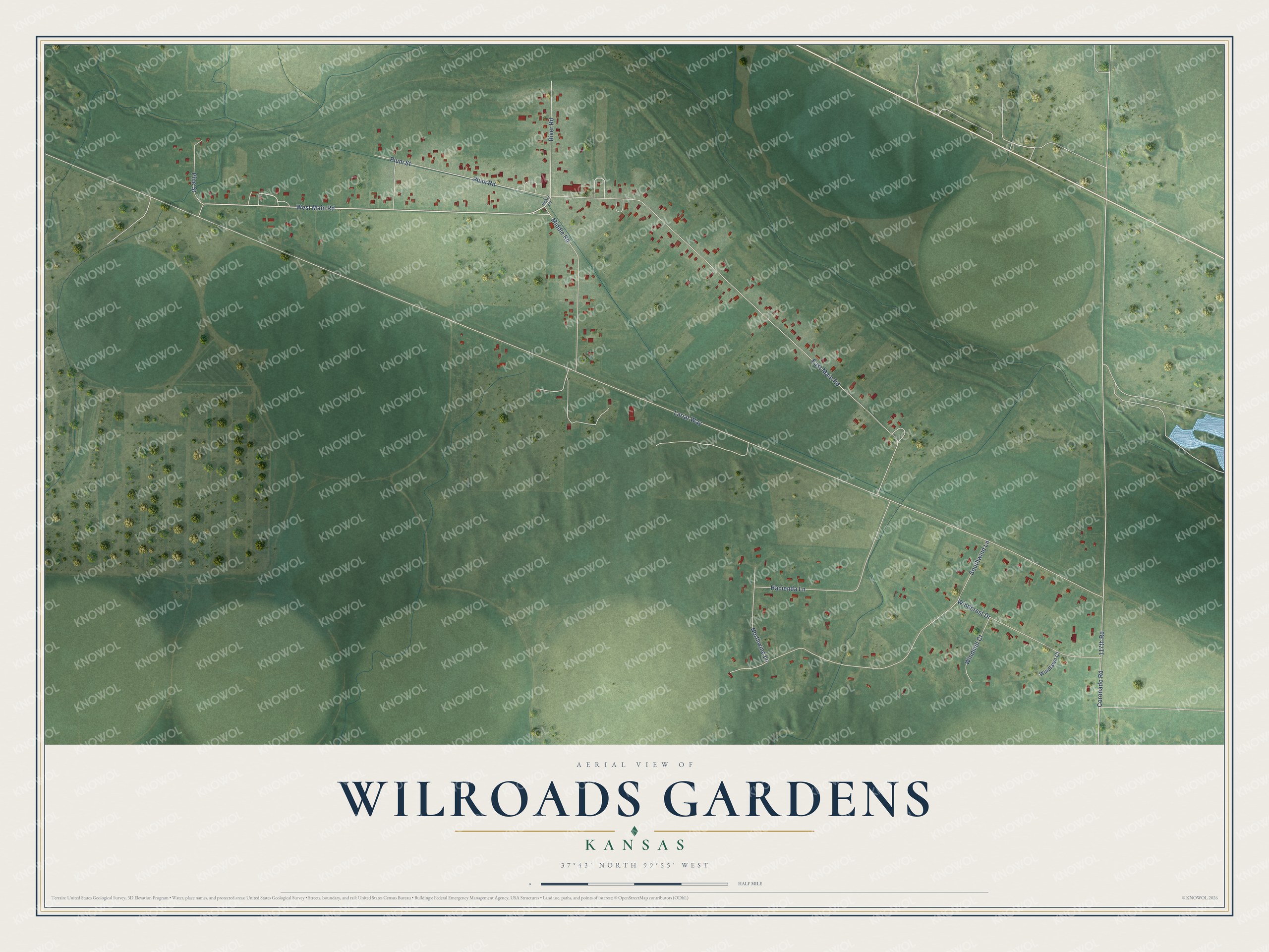 Full map of Wilroads Gardens, Kansas, with red buildings, printed street names and the land around them