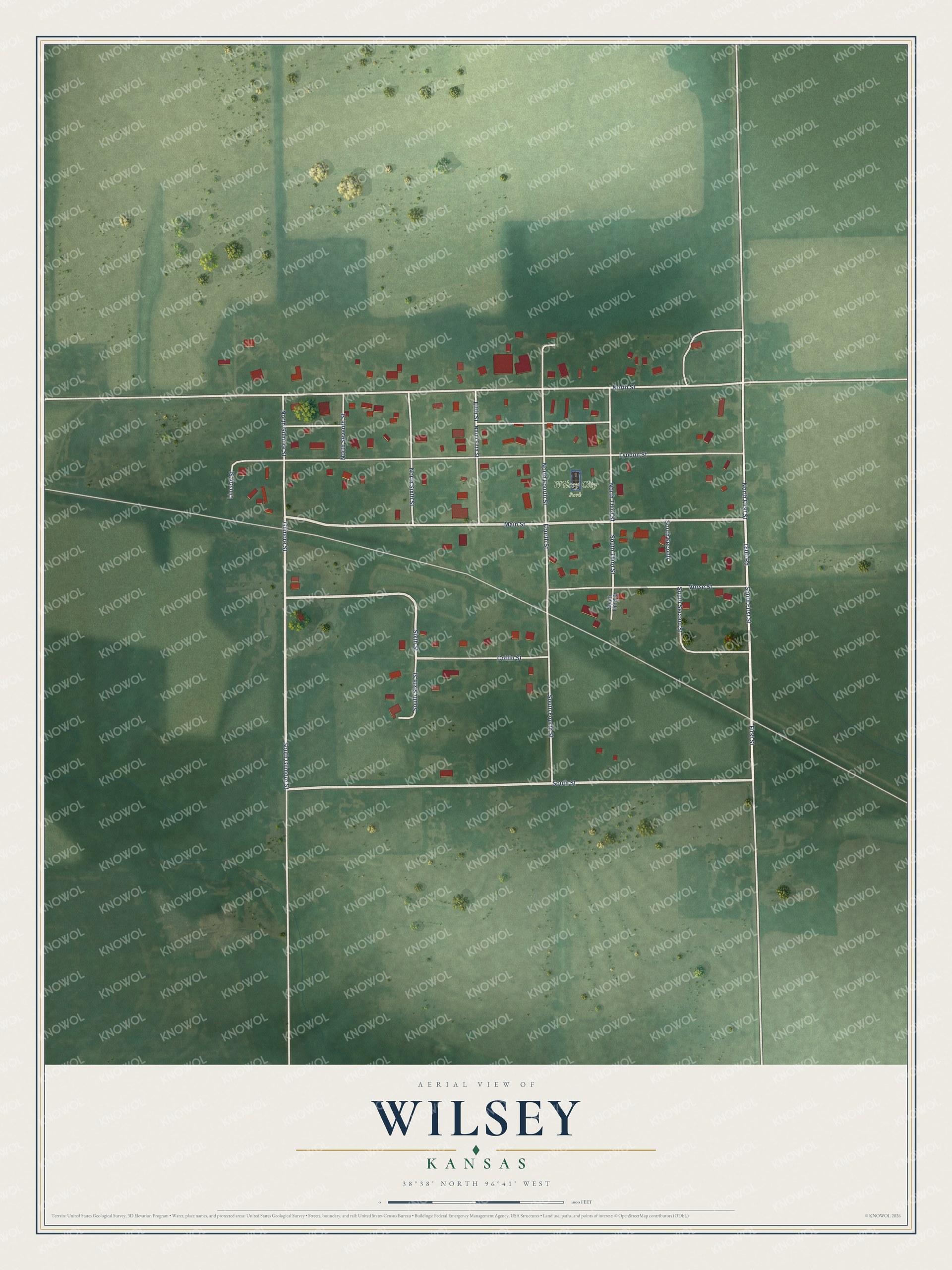 Full map of Wilsey, Kansas, with red buildings, printed street names and the land around them