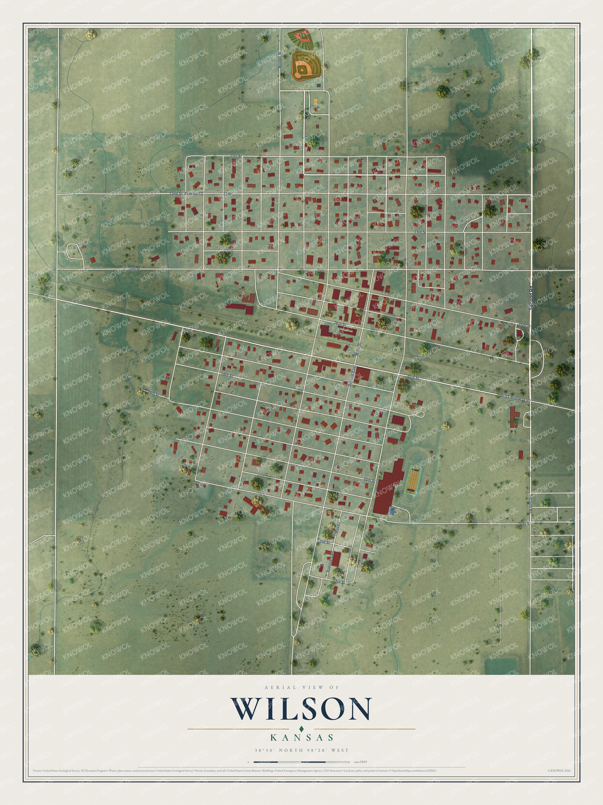 Full map of Wilson, Kansas, with red buildings, printed street names and the land around them