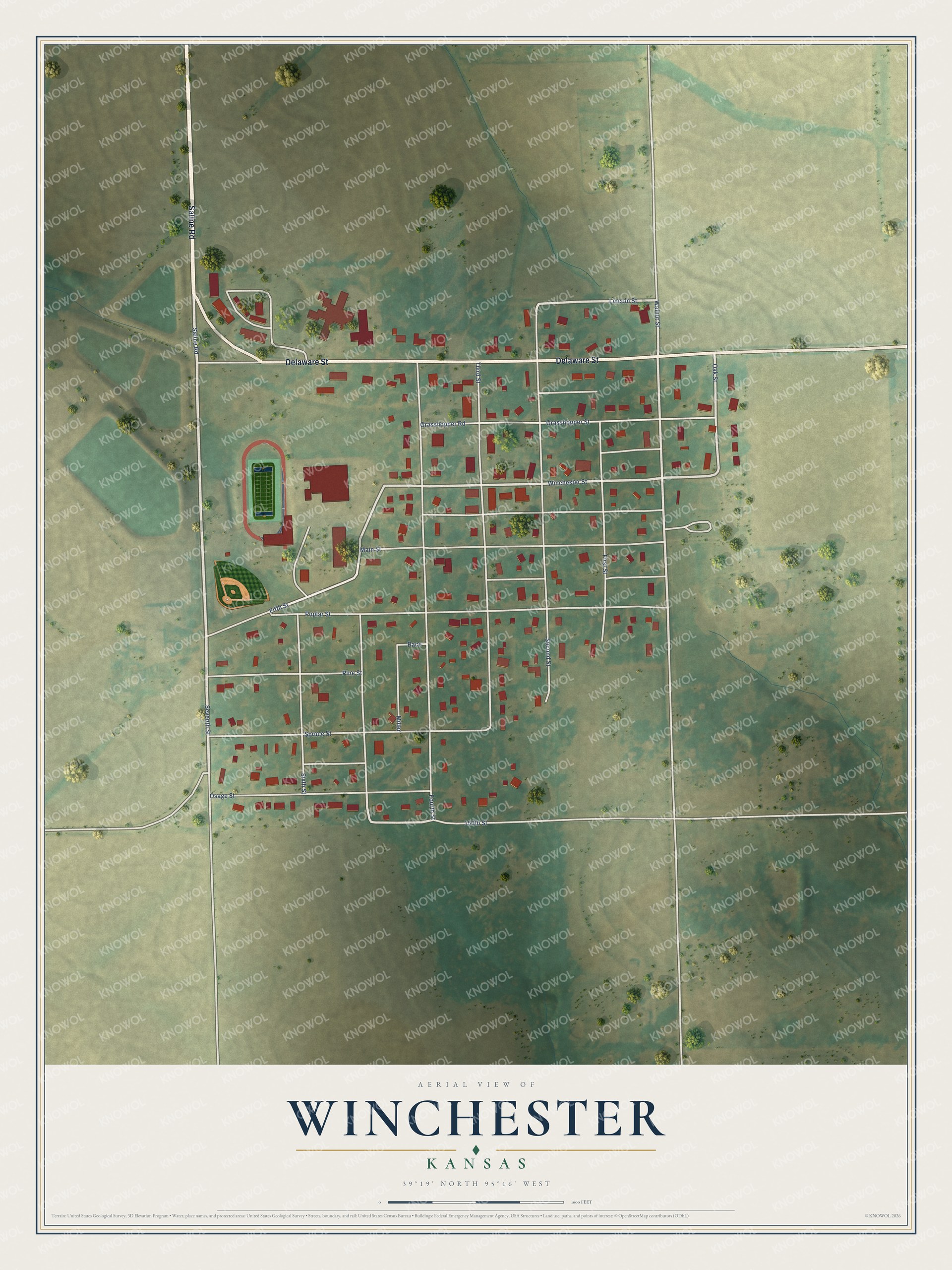 Full map of Winchester, Kansas, with red buildings, printed street names and the land around them