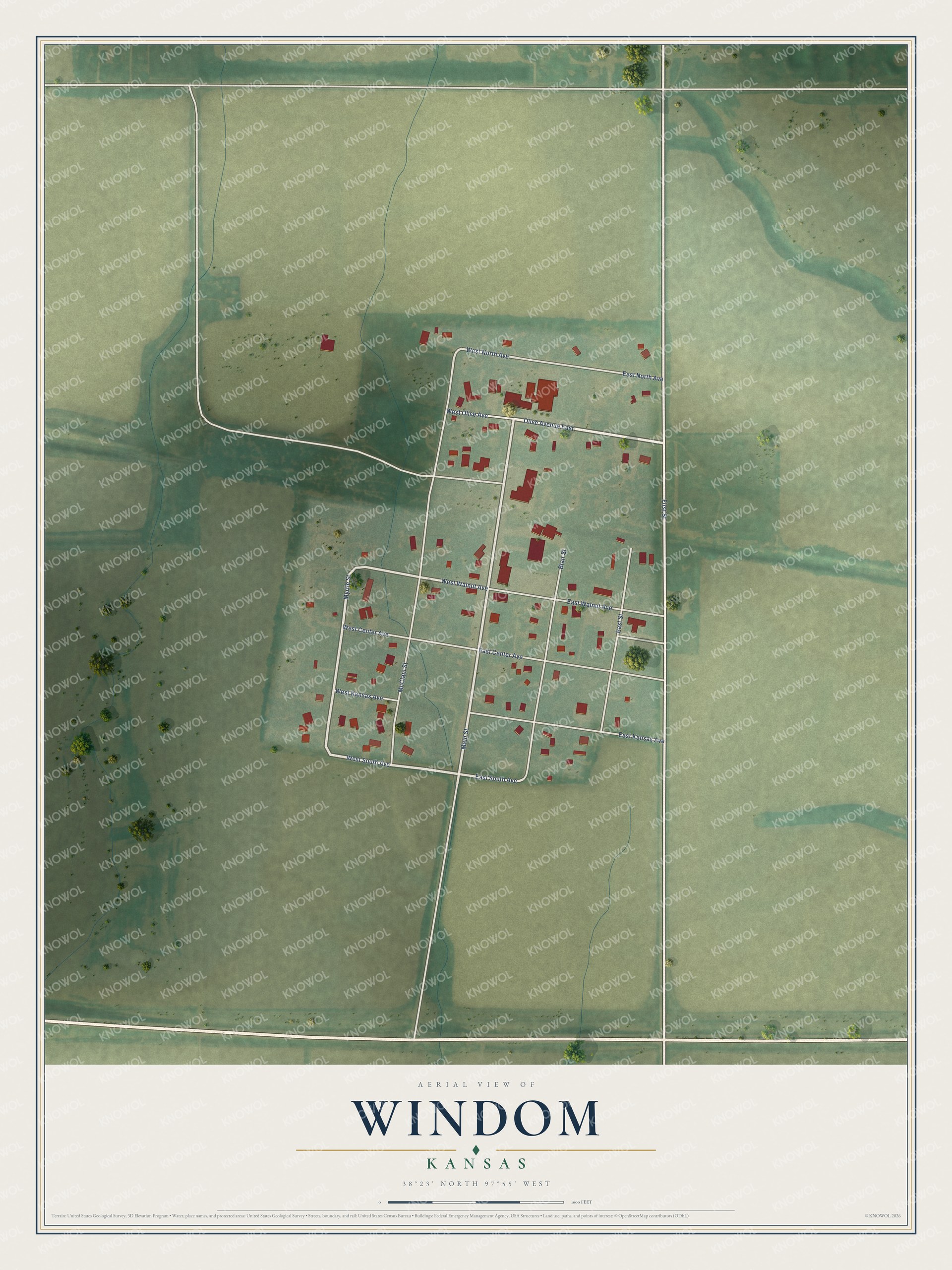 Full map of Windom, Kansas, with red buildings, printed street names and the land around them