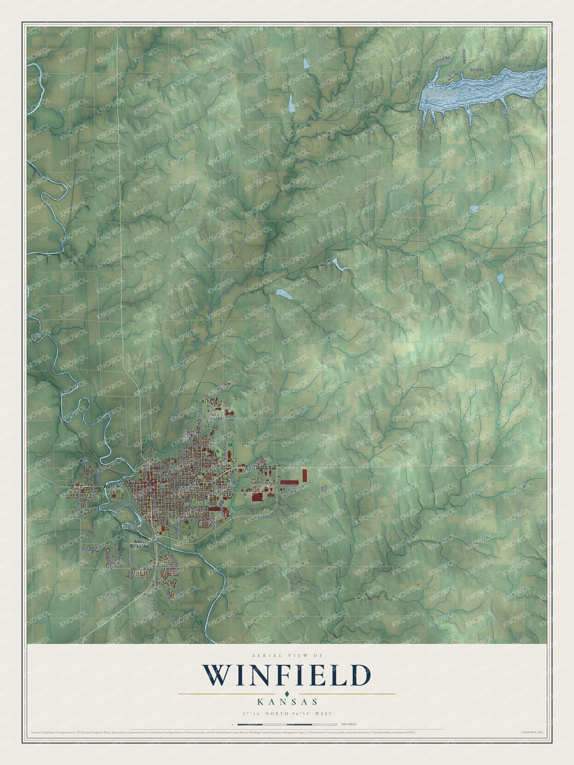 Full map of Winfield, Kansas, with red buildings, printed street names and the land around them