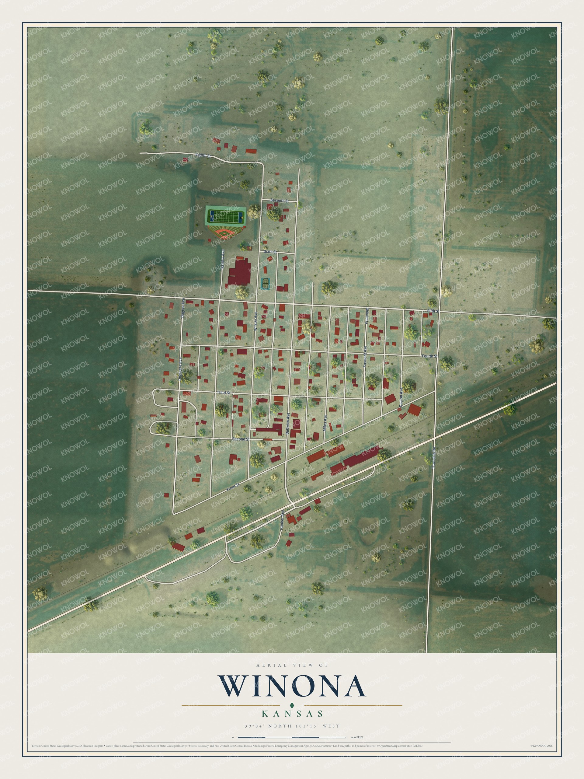 Full map of Winona, Kansas, with red buildings, printed street names and the land around them