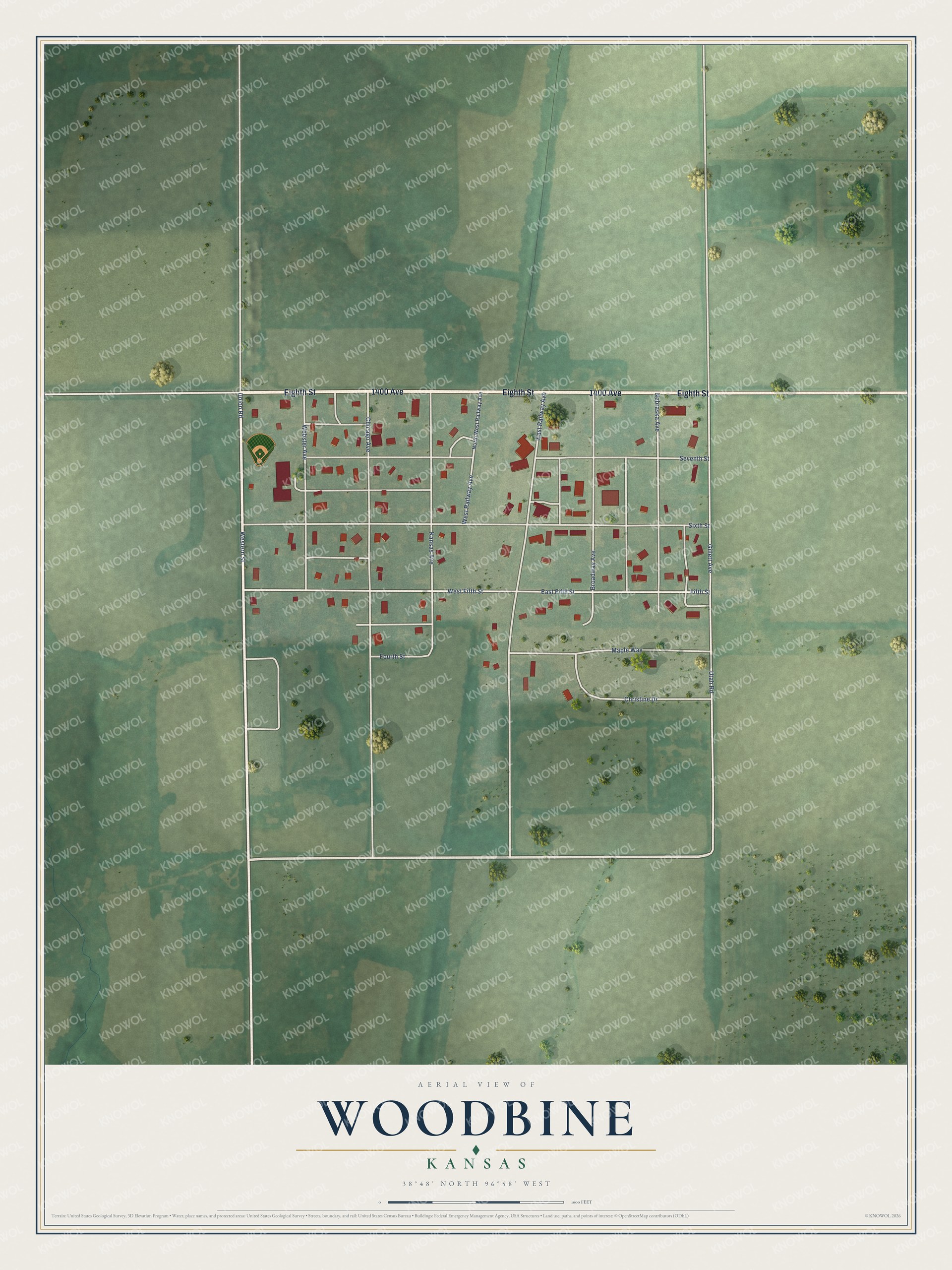 Full map of Woodbine, Kansas, with red buildings, printed street names and the land around them