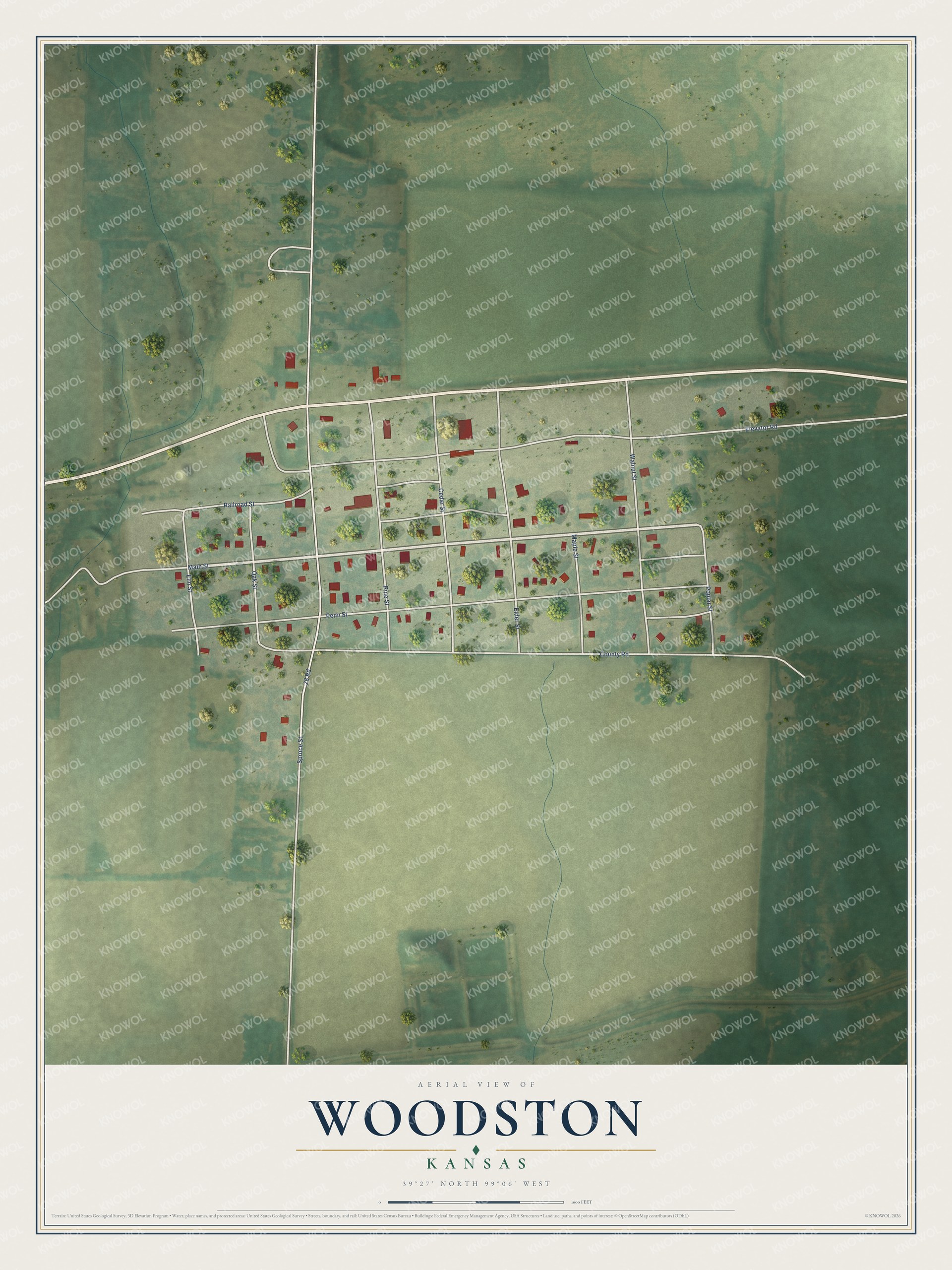 Full map of Woodston, Kansas, with red buildings, printed street names and the land around them
