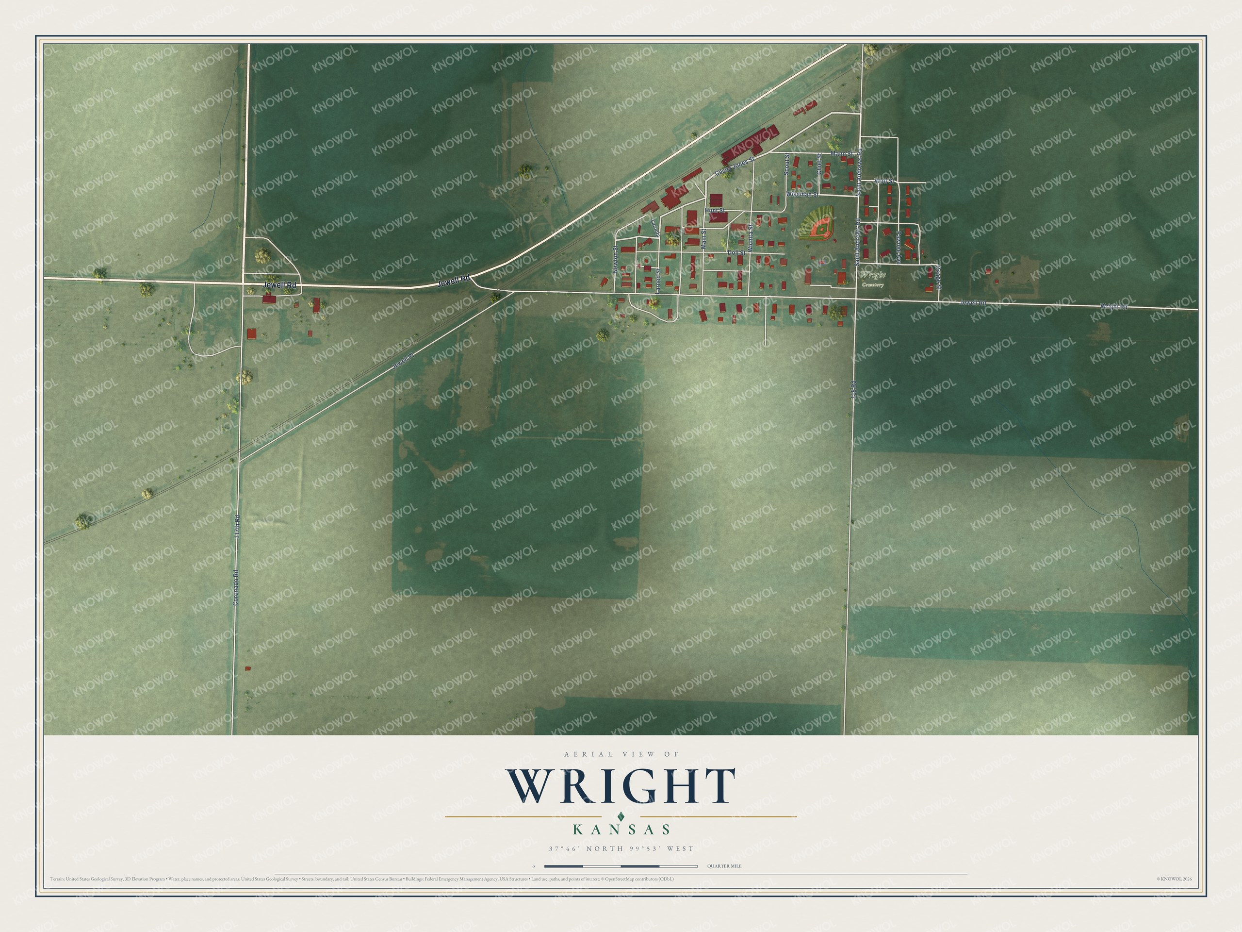 Full map of Wright, Kansas, with red buildings, printed street names and the land around them