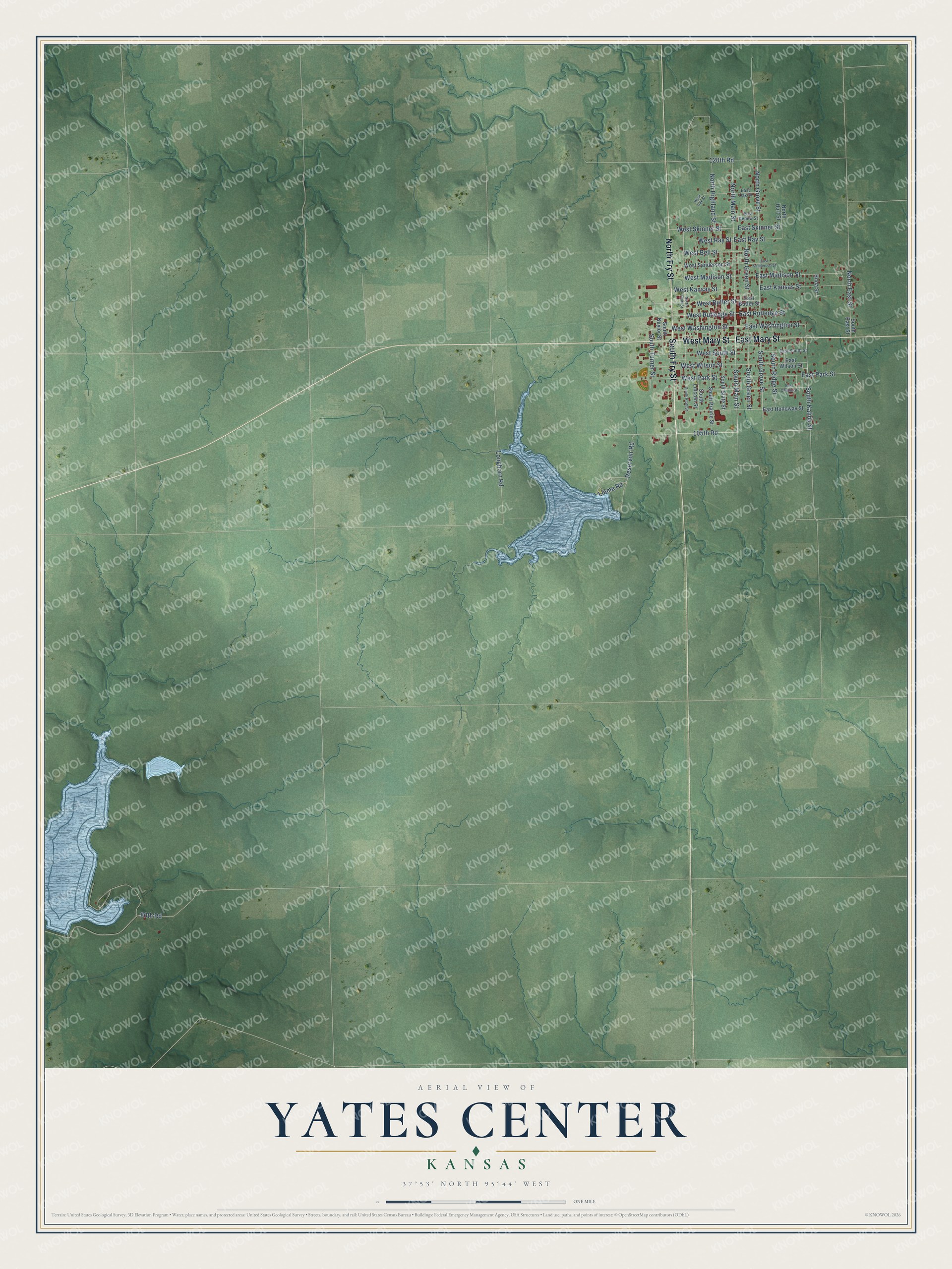 Full map of Yates Center, Kansas, with red buildings, printed street names and the land around them