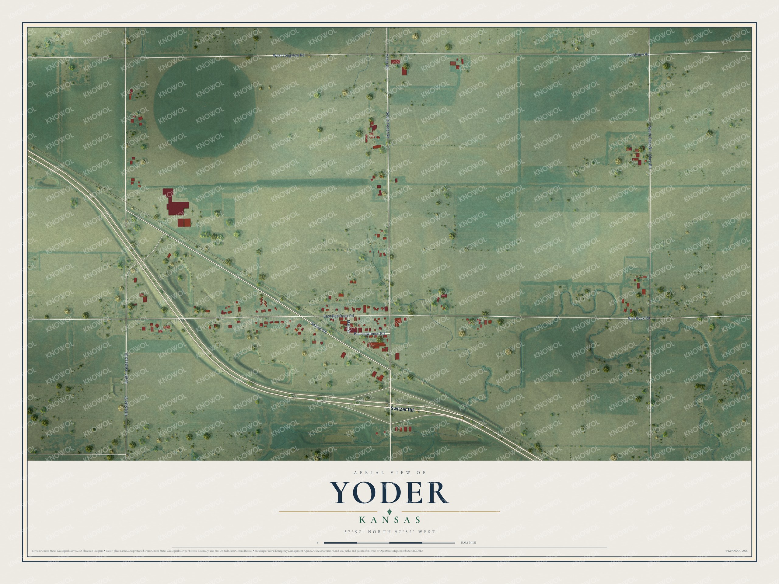 Full map of Yoder, Kansas, with red buildings, printed street names and the land around them
