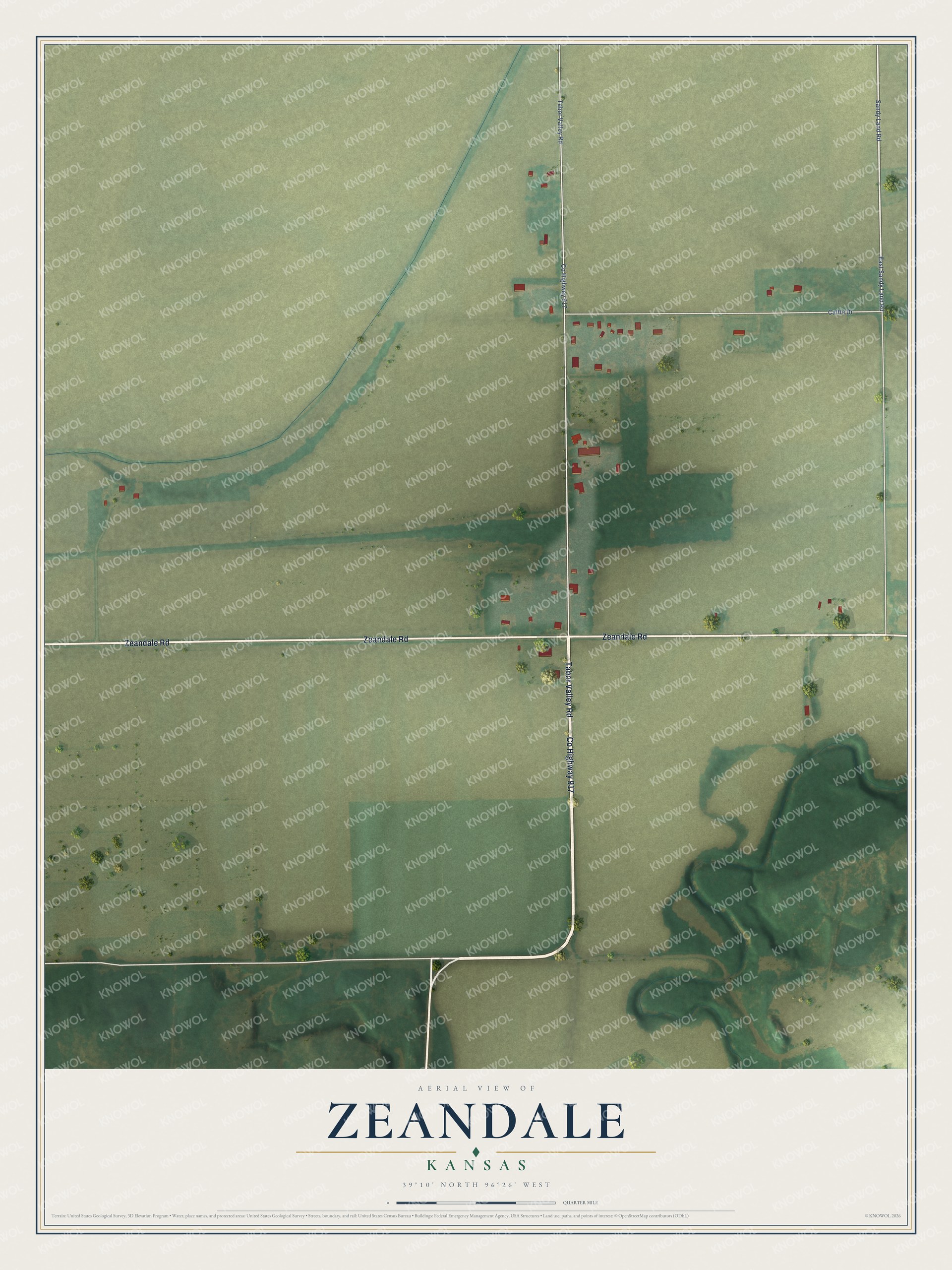 Full map of Zeandale, Kansas, with red buildings, printed street names and the land around them