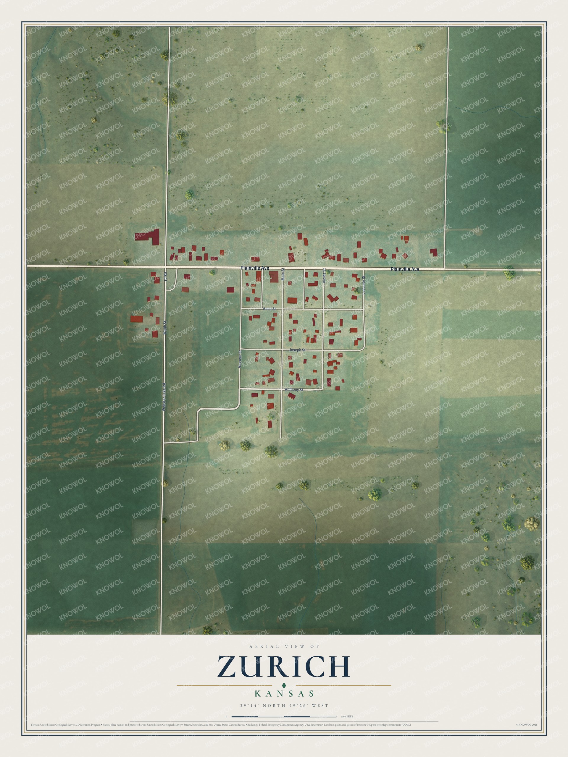 Full map of Zurich, Kansas, with red buildings, printed street names and the land around them