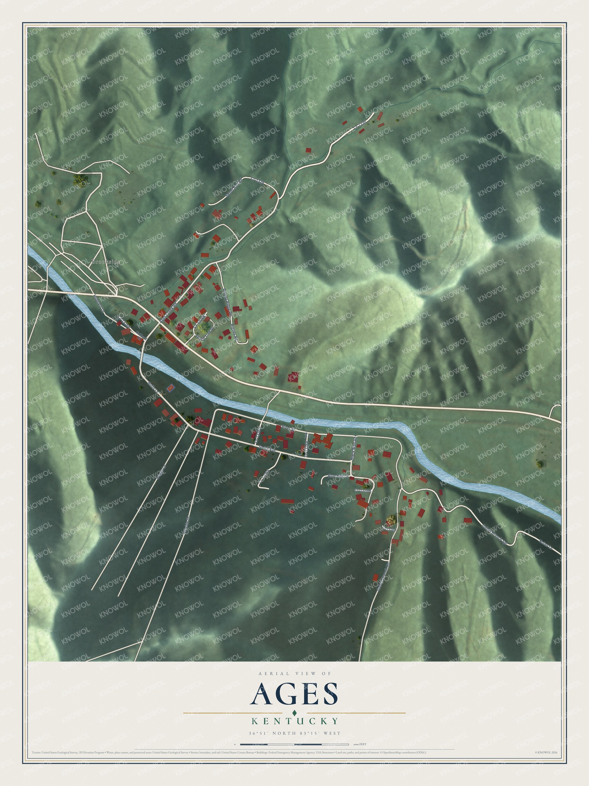 Full map of Ages, Kentucky, with red buildings, printed street names and the land around them