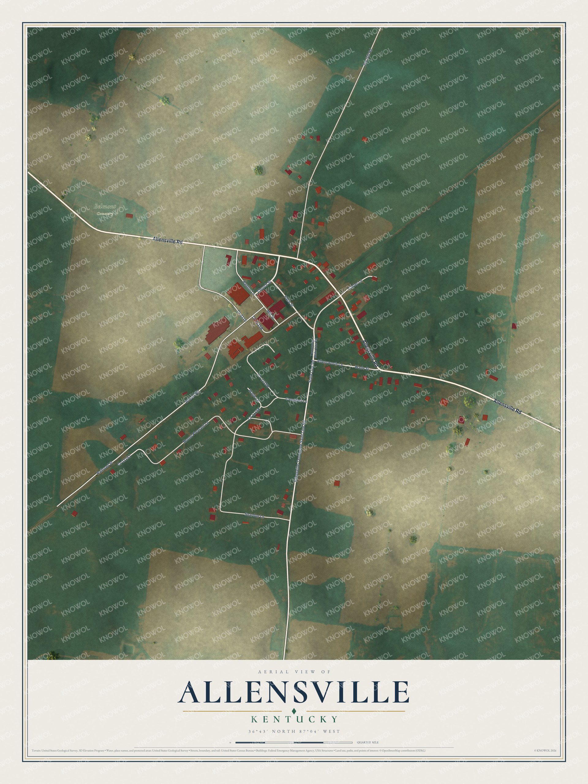 Full map of Allensville, Kentucky, with red buildings, printed street names and the land around them