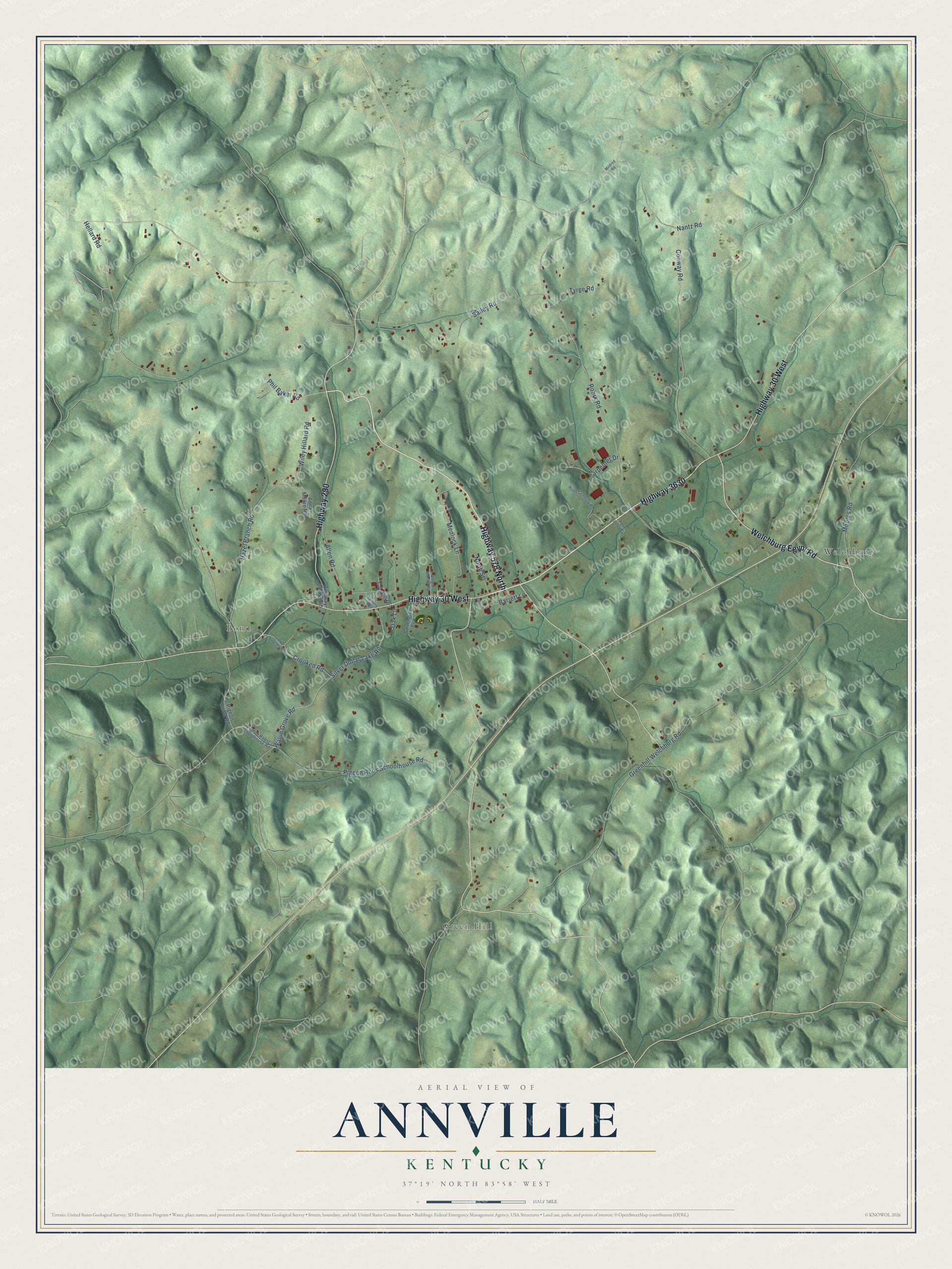 Full map of Annville, Kentucky, with red buildings, printed street names and the land around them