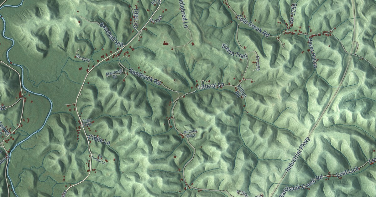 Close-up of streets and buildings in Argillite, Kentucky