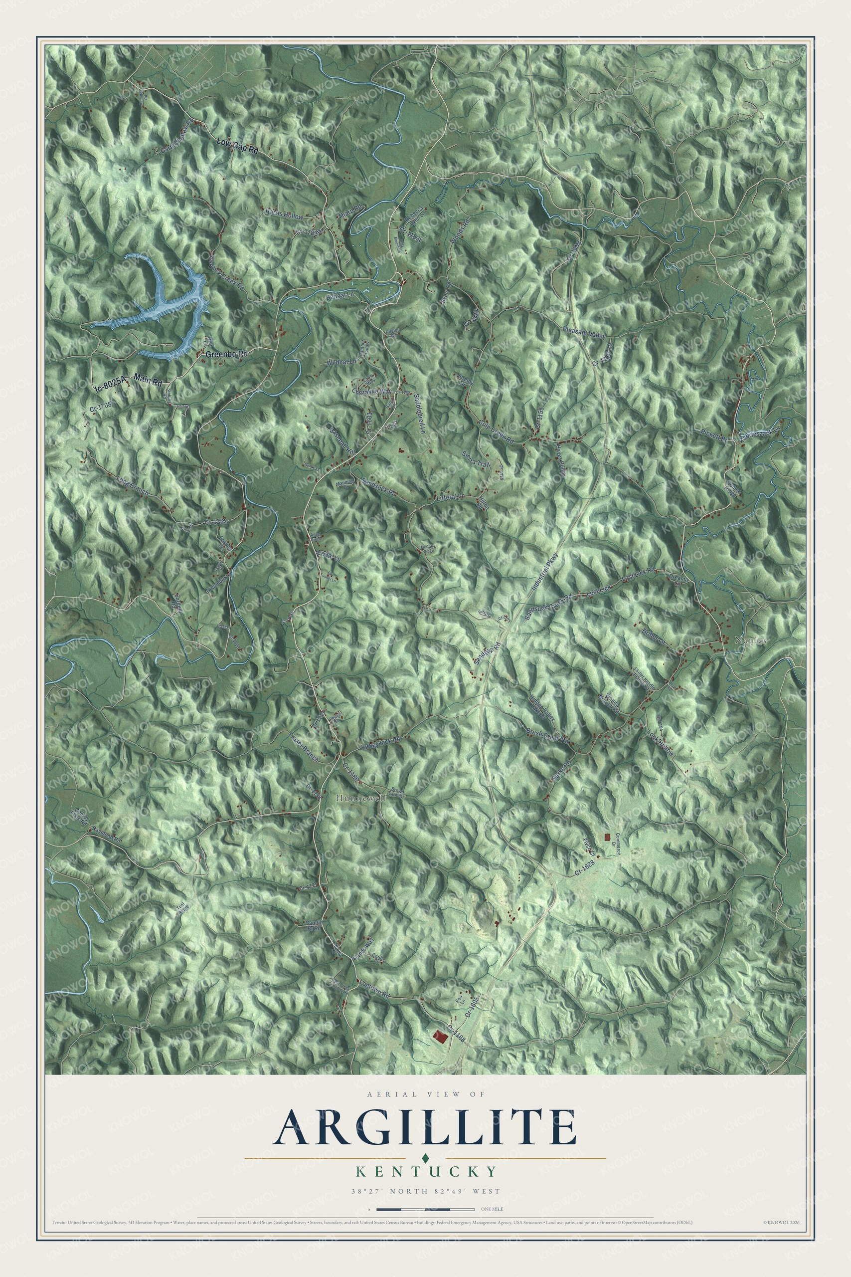 Full map of Argillite, Kentucky, with red buildings, printed street names and the land around them