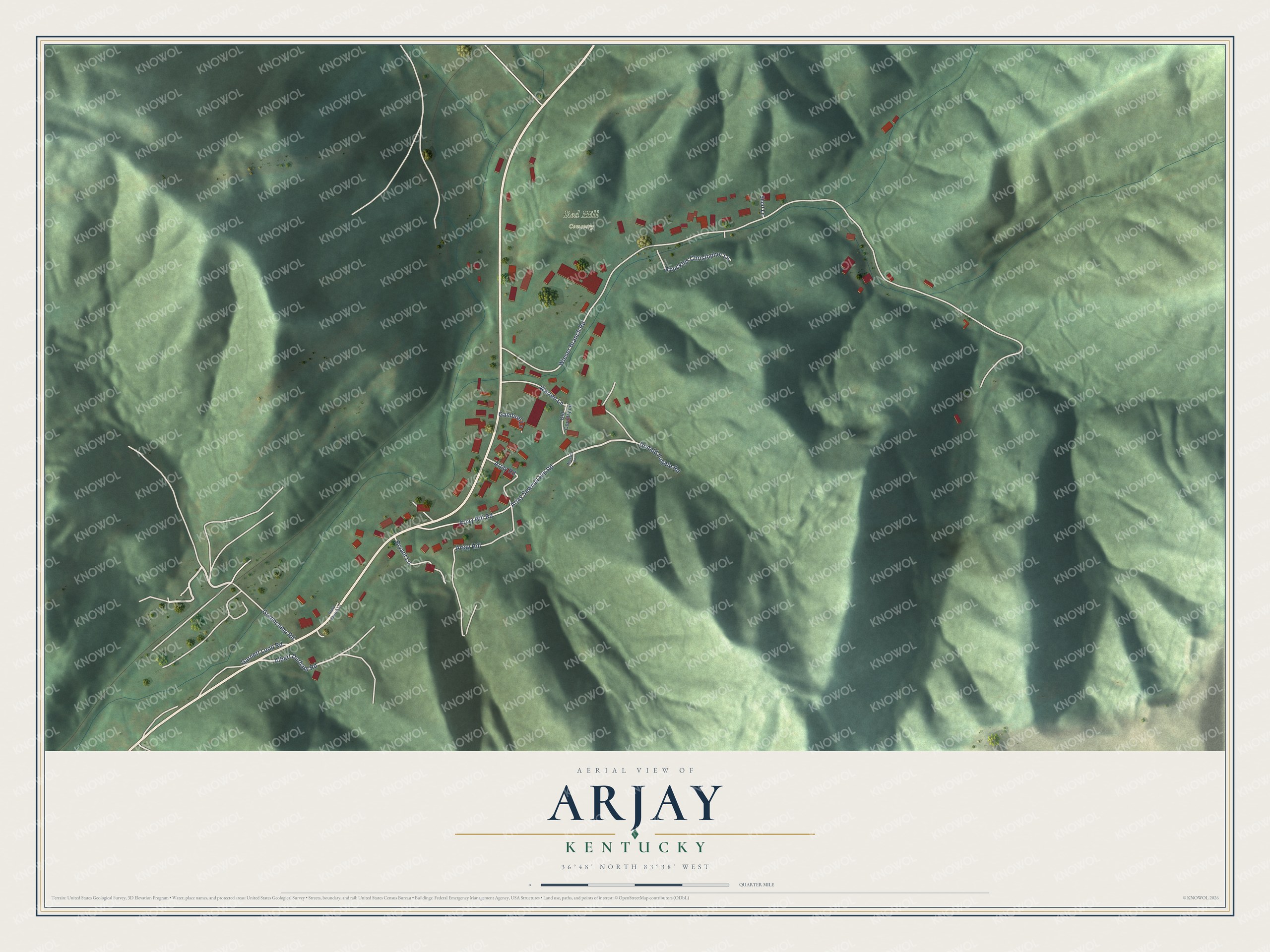 Full map of Arjay, Kentucky, with red buildings, printed street names and the land around them