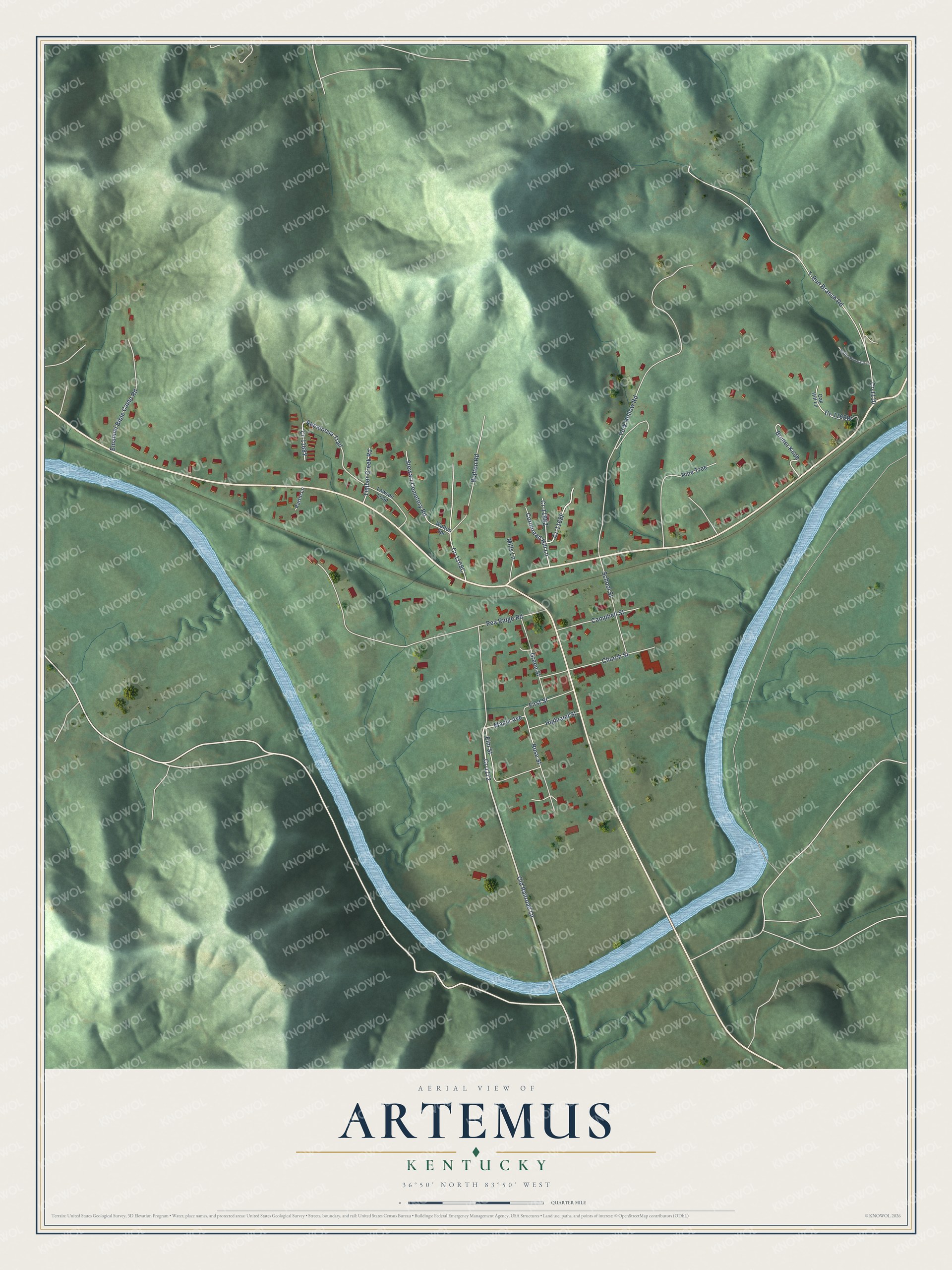 Full map of Artemus, Kentucky, with red buildings, printed street names and the land around them