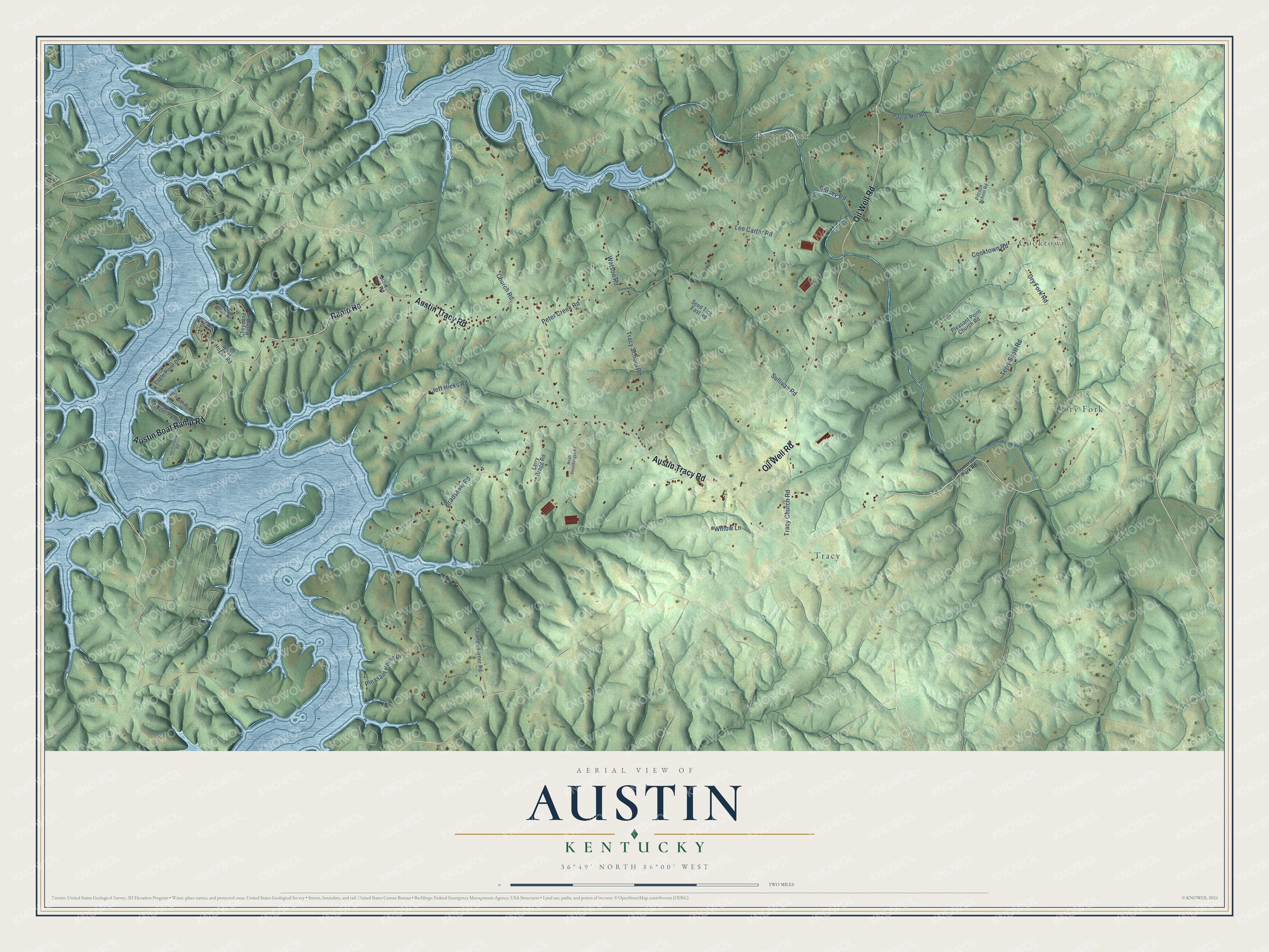 Full map of Austin, Kentucky, with red buildings, printed street names and the land around them