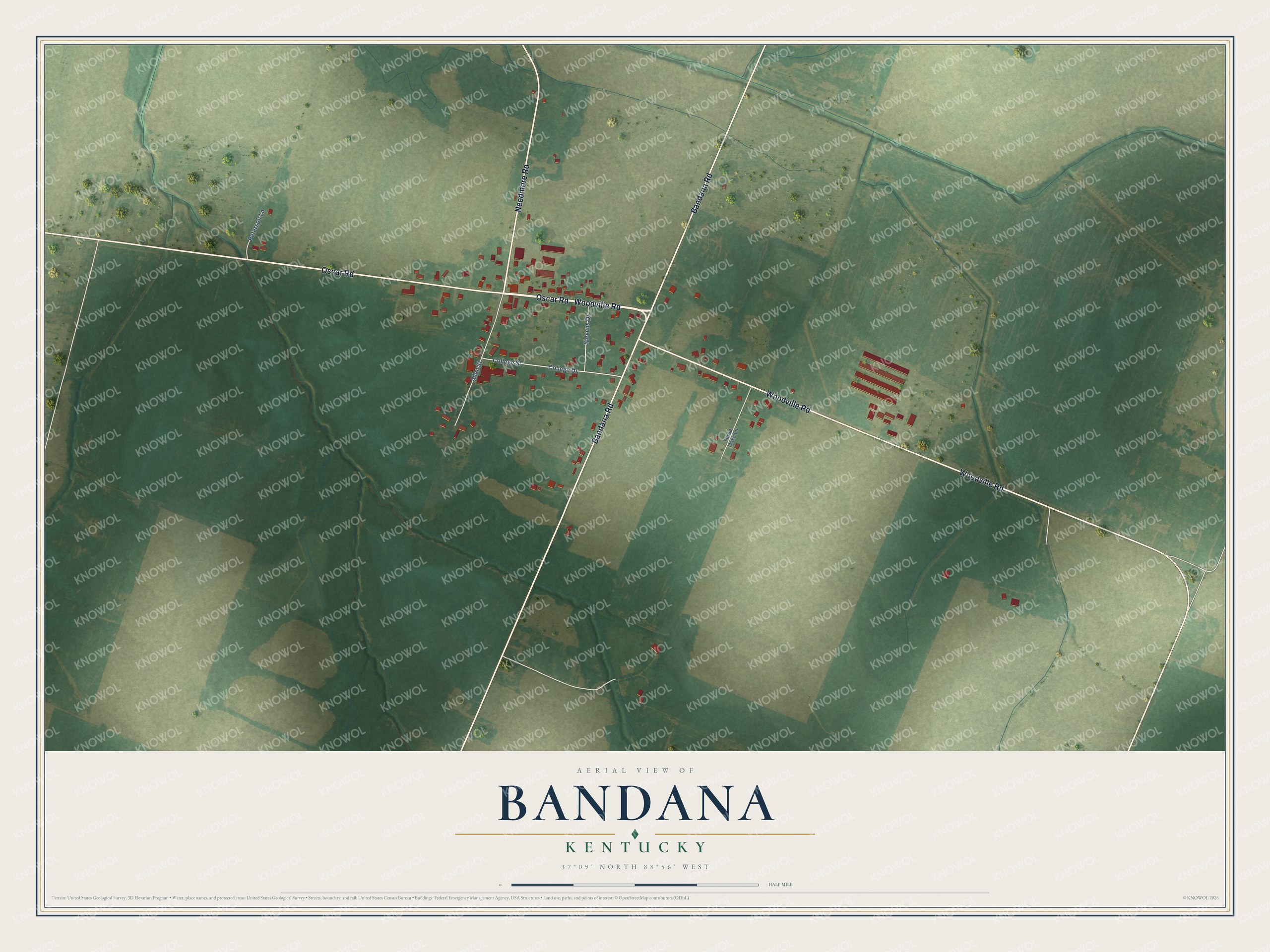 Full map of Bandana, Kentucky, with red buildings, printed street names and the land around them