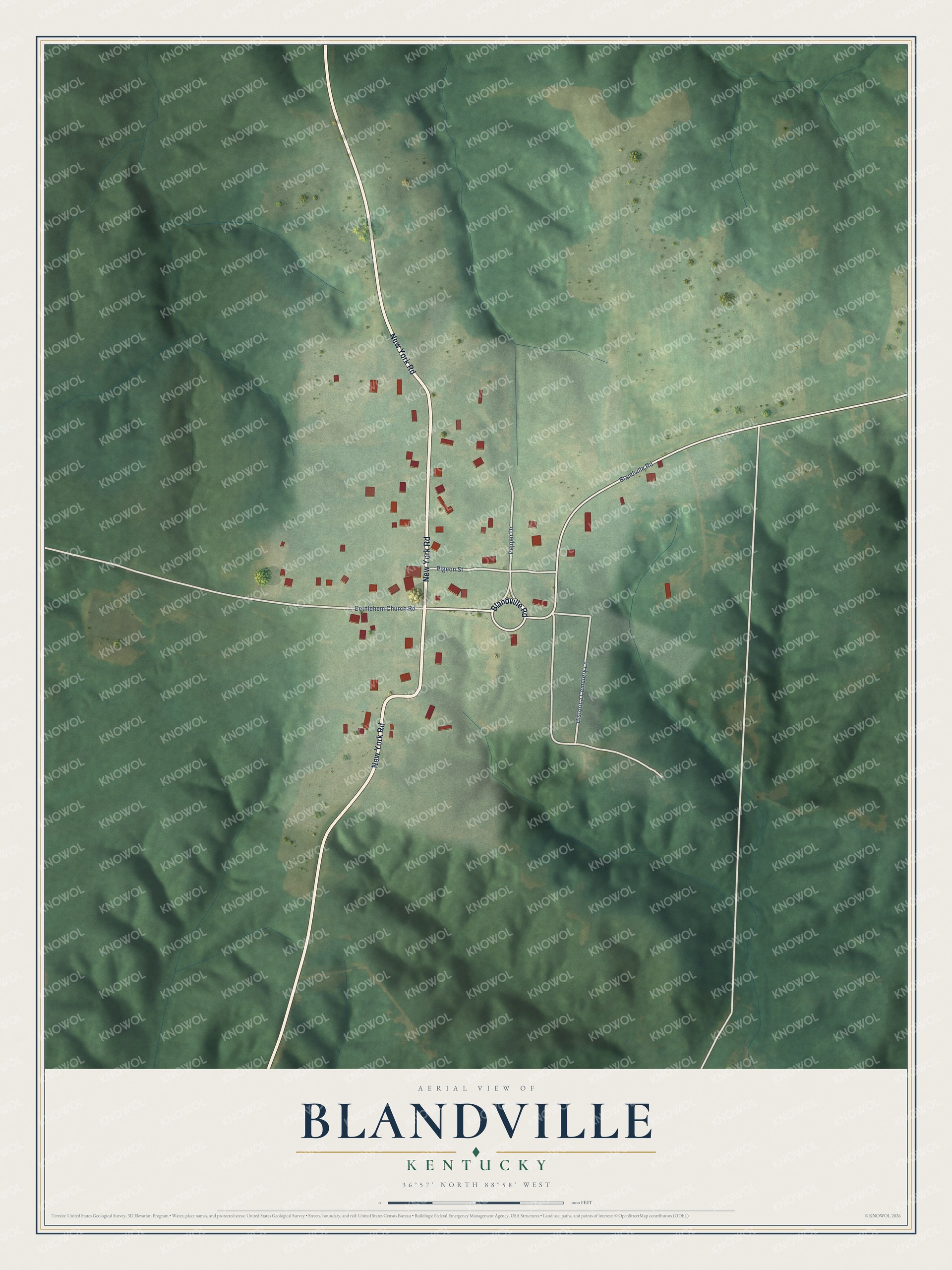 Full map of Blandville, Kentucky, with red buildings, printed street names and the land around them