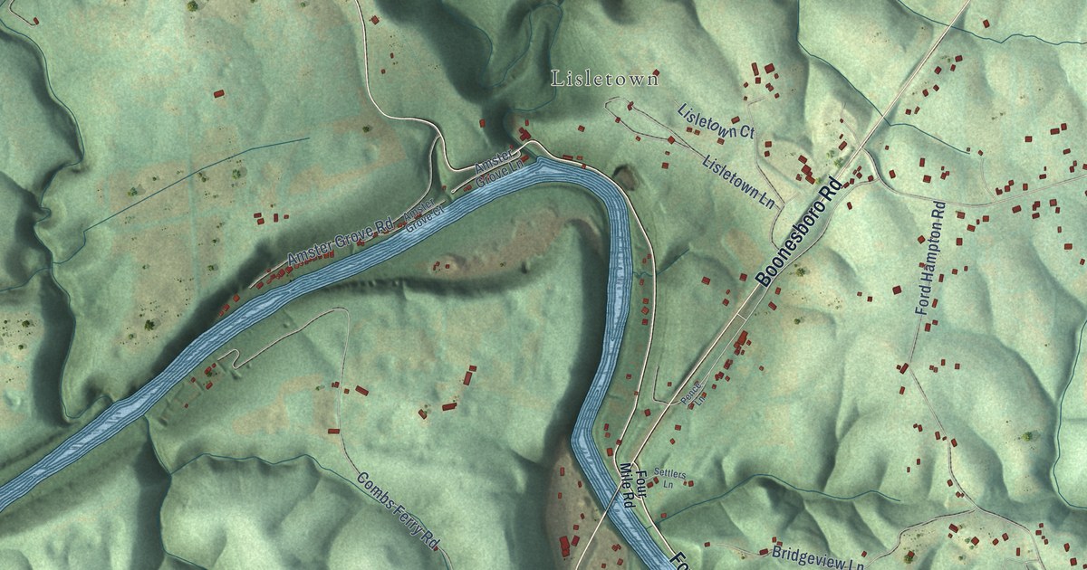 Close-up of streets and buildings in Boonesborough, Kentucky