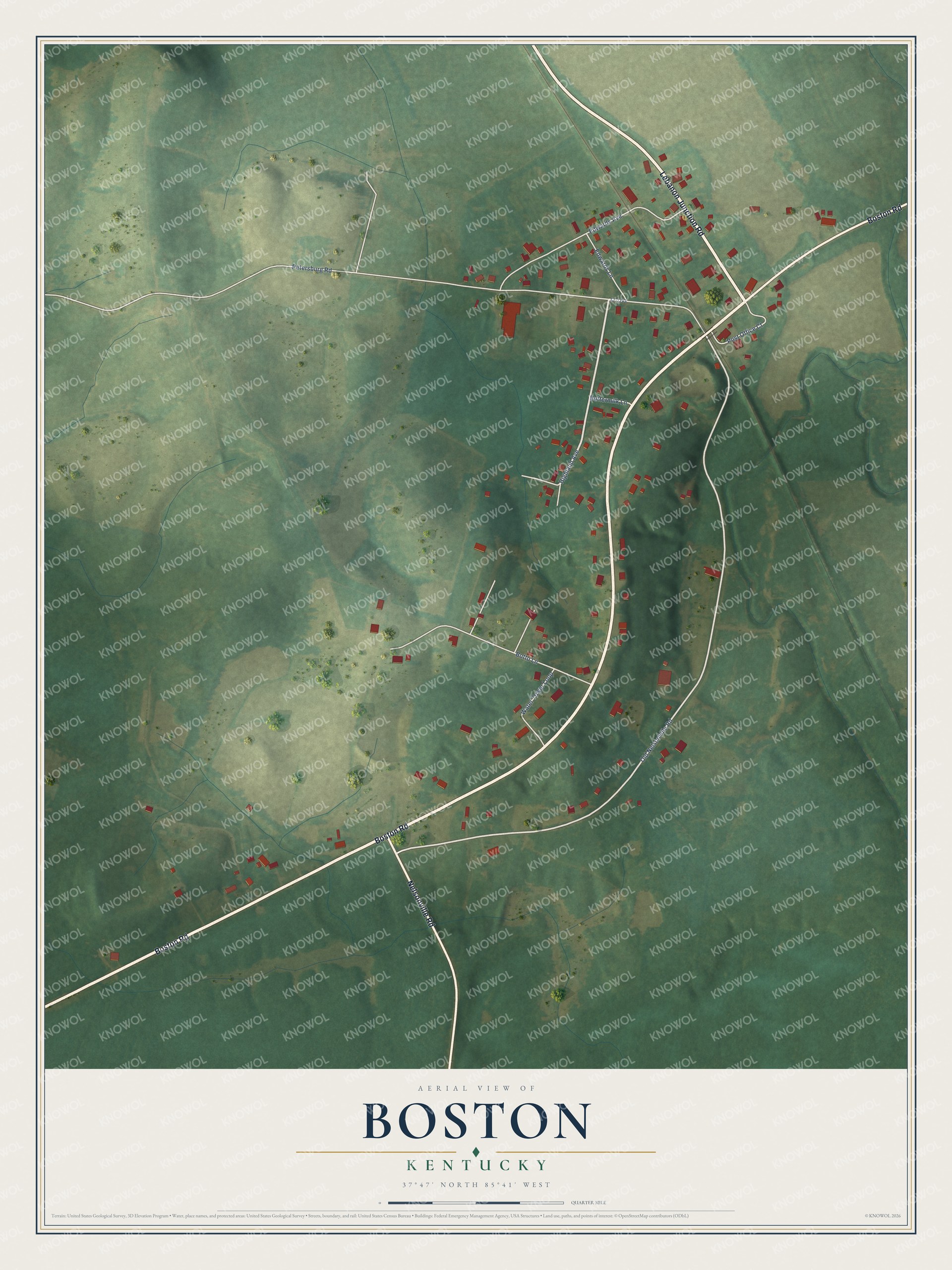 Full map of Boston, Kentucky, with red buildings, printed street names and the land around them
