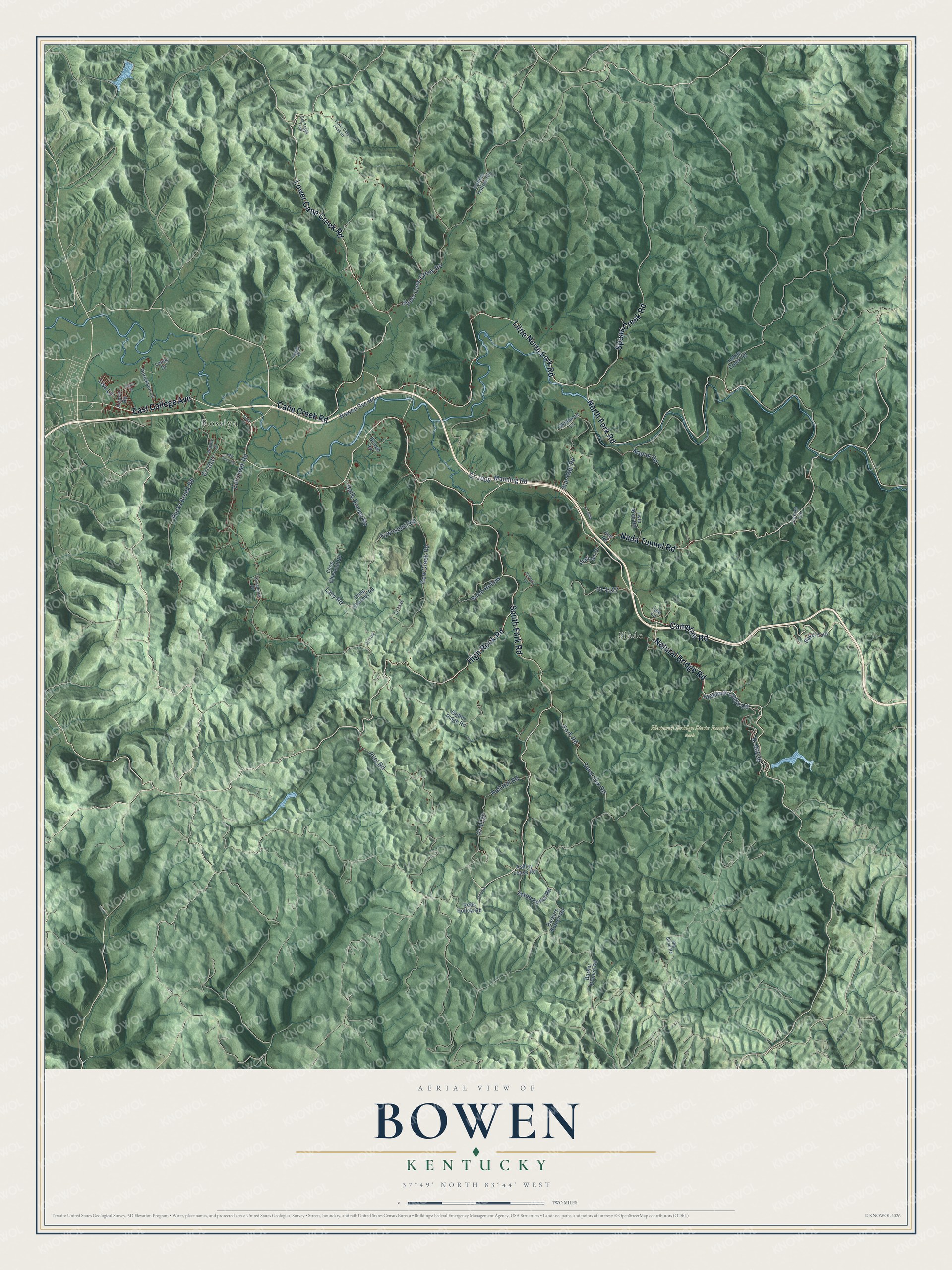 Full map of Bowen, Kentucky, with red buildings, printed street names and the land around them
