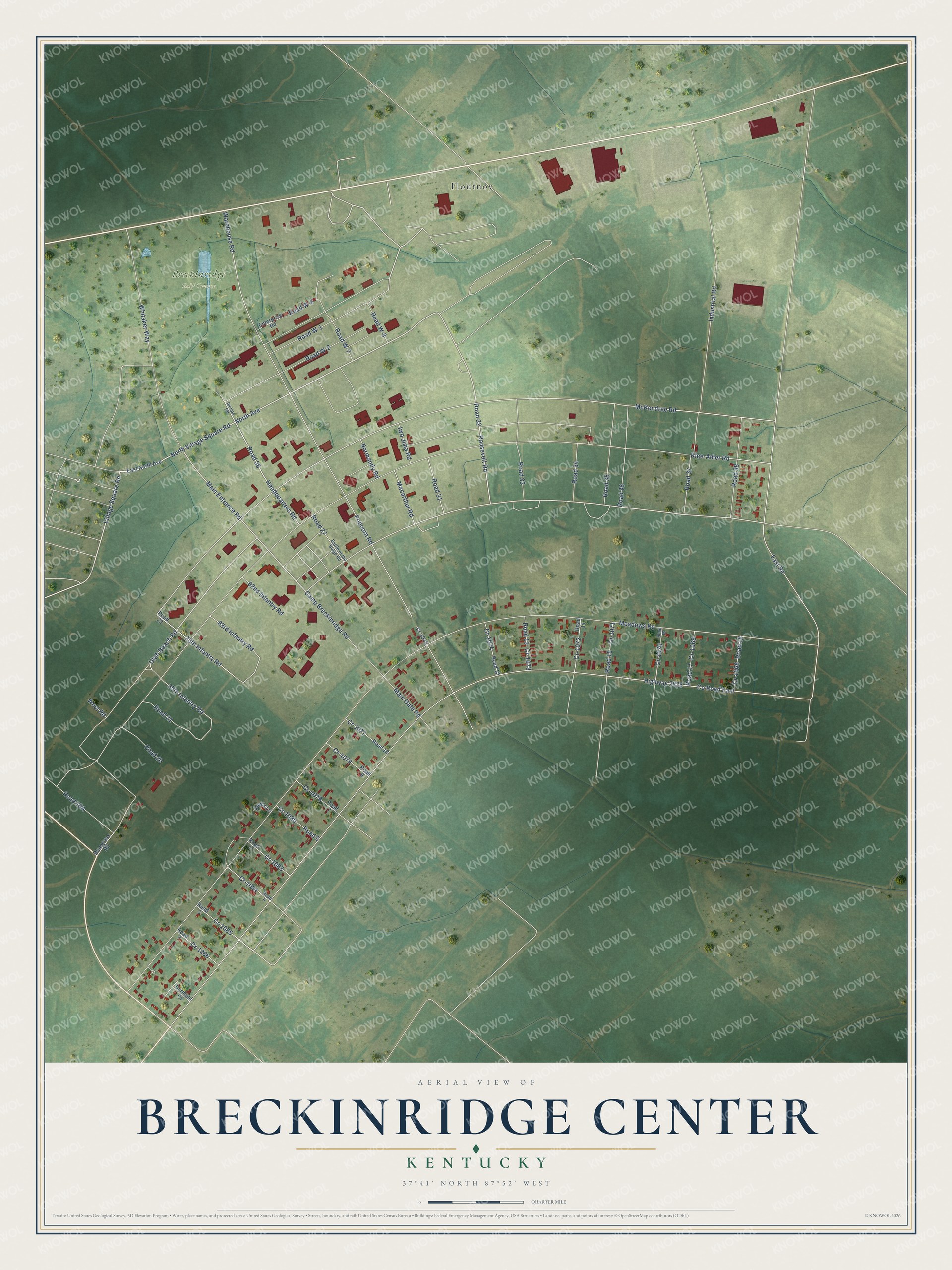 Full map of Breckinridge Center, Kentucky, with red buildings, printed street names and the land around them