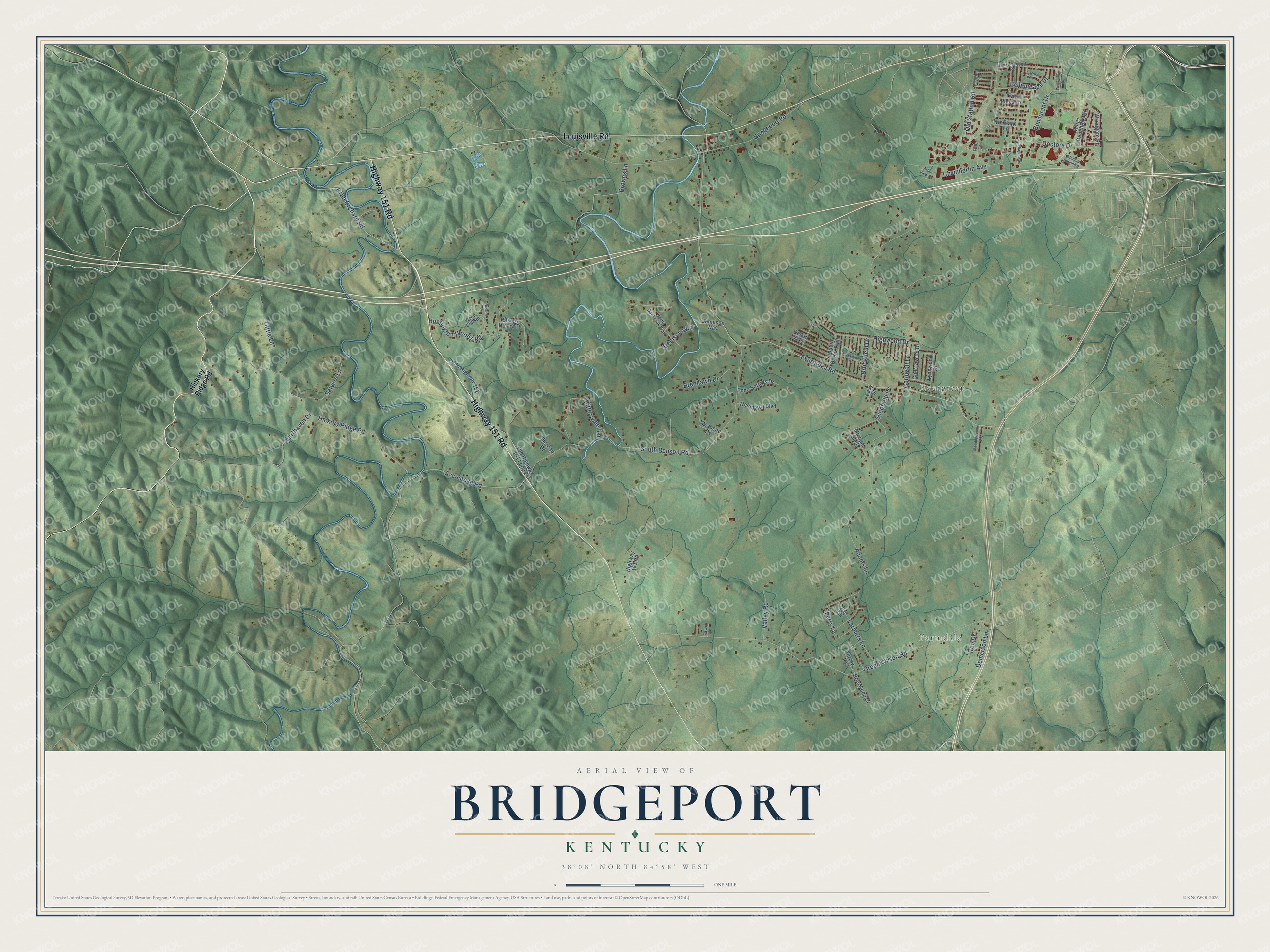 Full map of Bridgeport, Kentucky, with red buildings, printed street names and the land around them