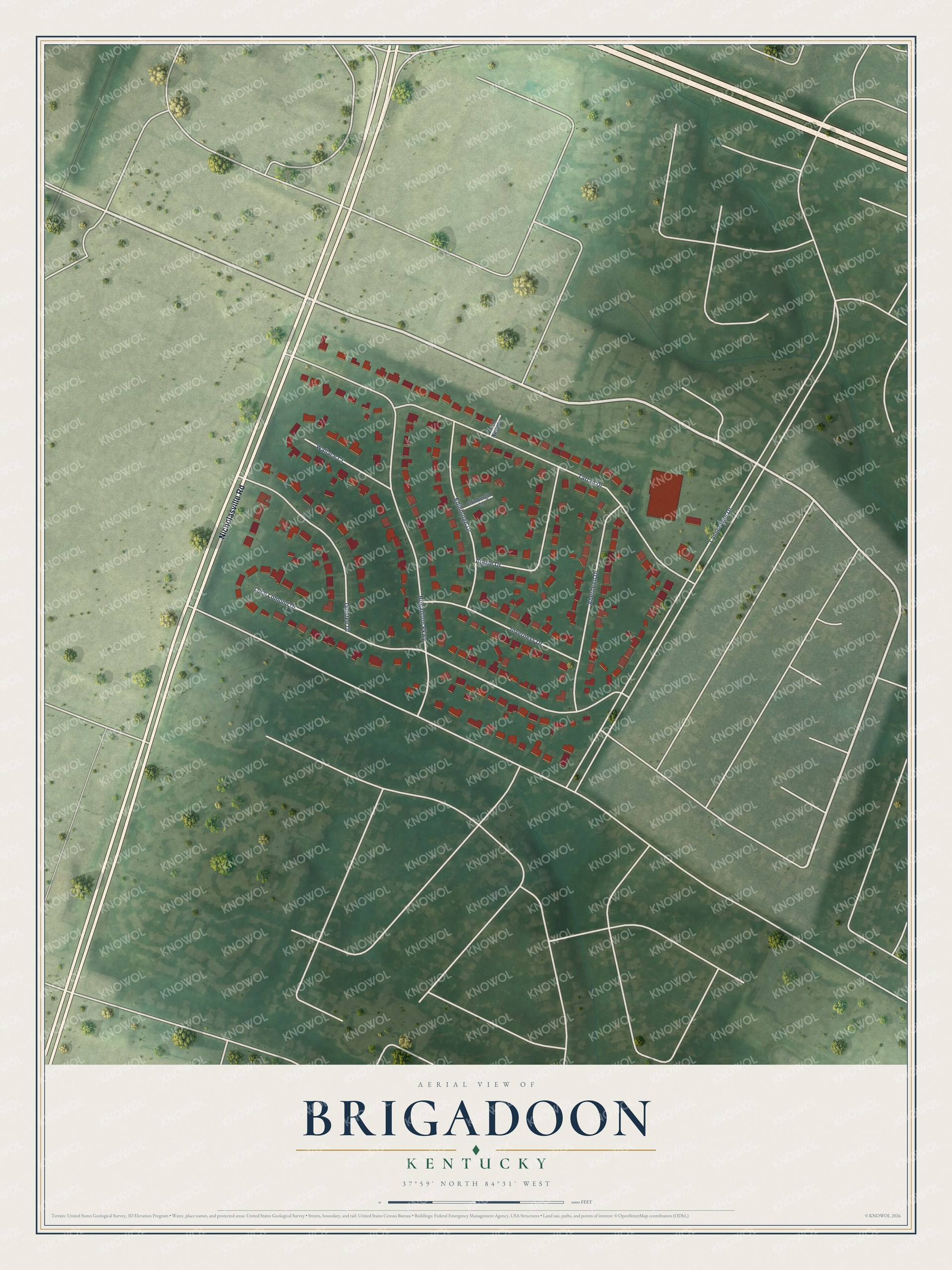 Full map of Brigadoon, Kentucky, with red buildings, printed street names and the land around them