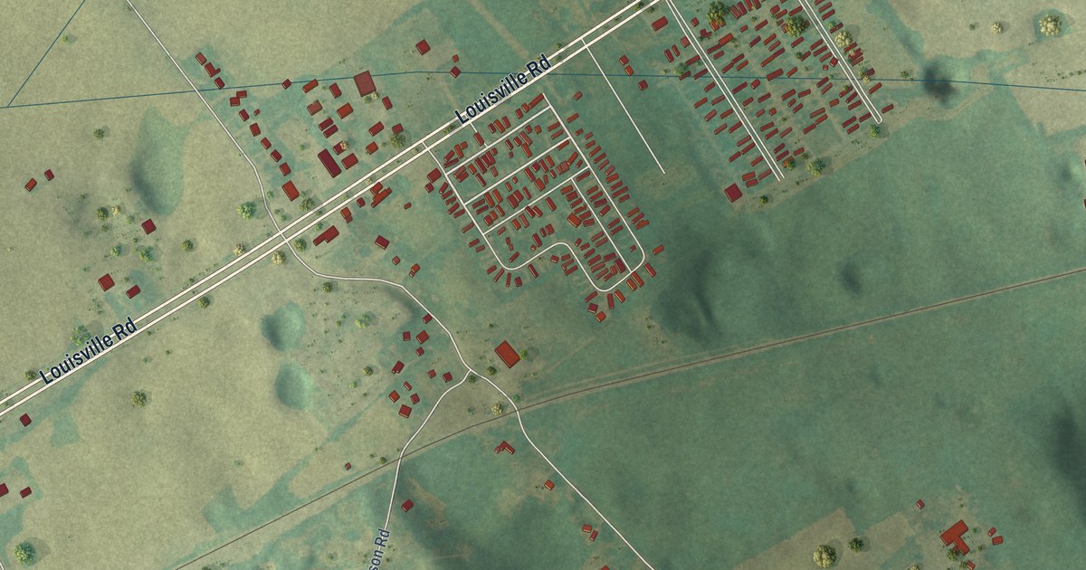 Close-up of streets and buildings in Bristow, Kentucky
