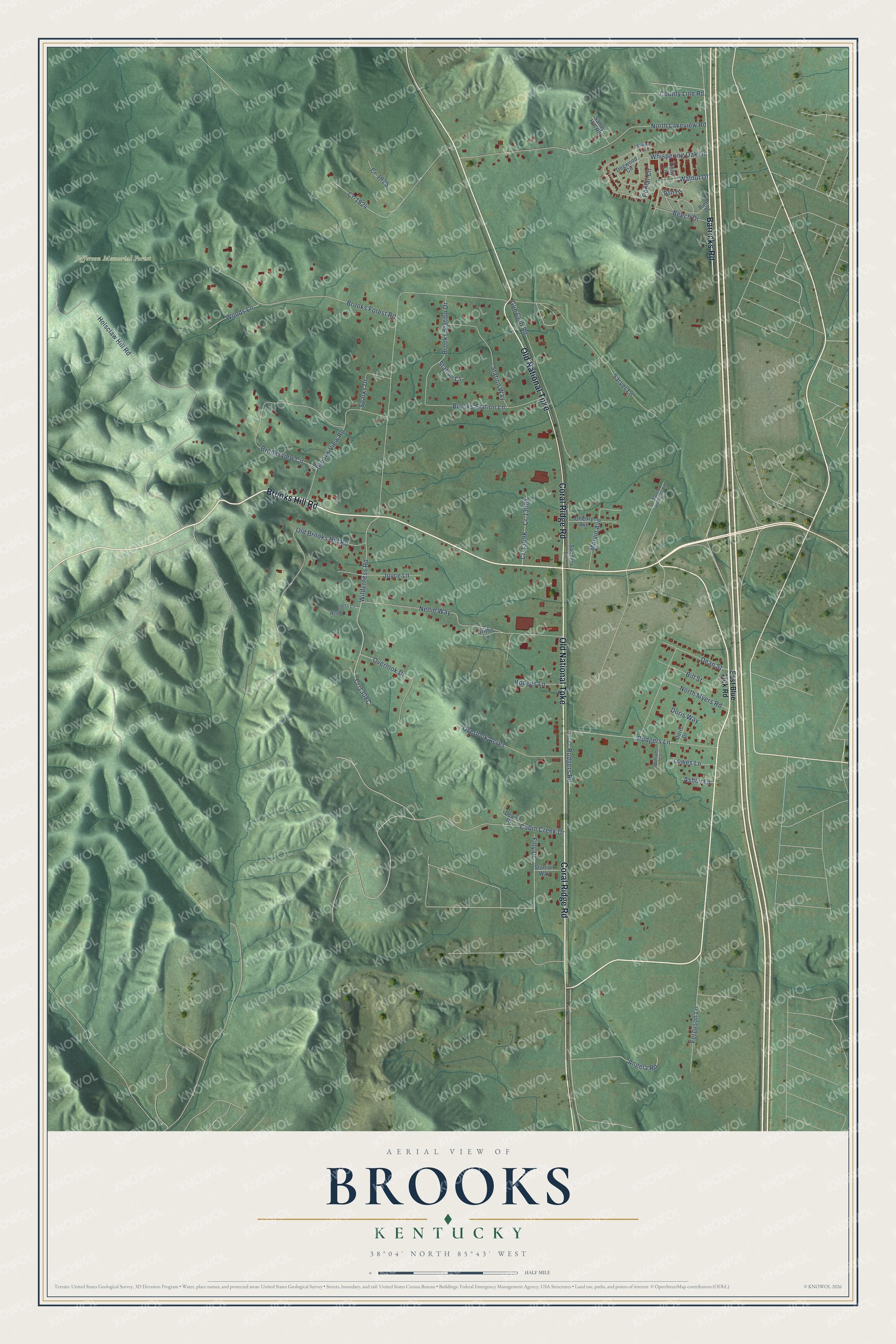 Full map of Brooks, Kentucky, with red buildings, printed street names and the land around them