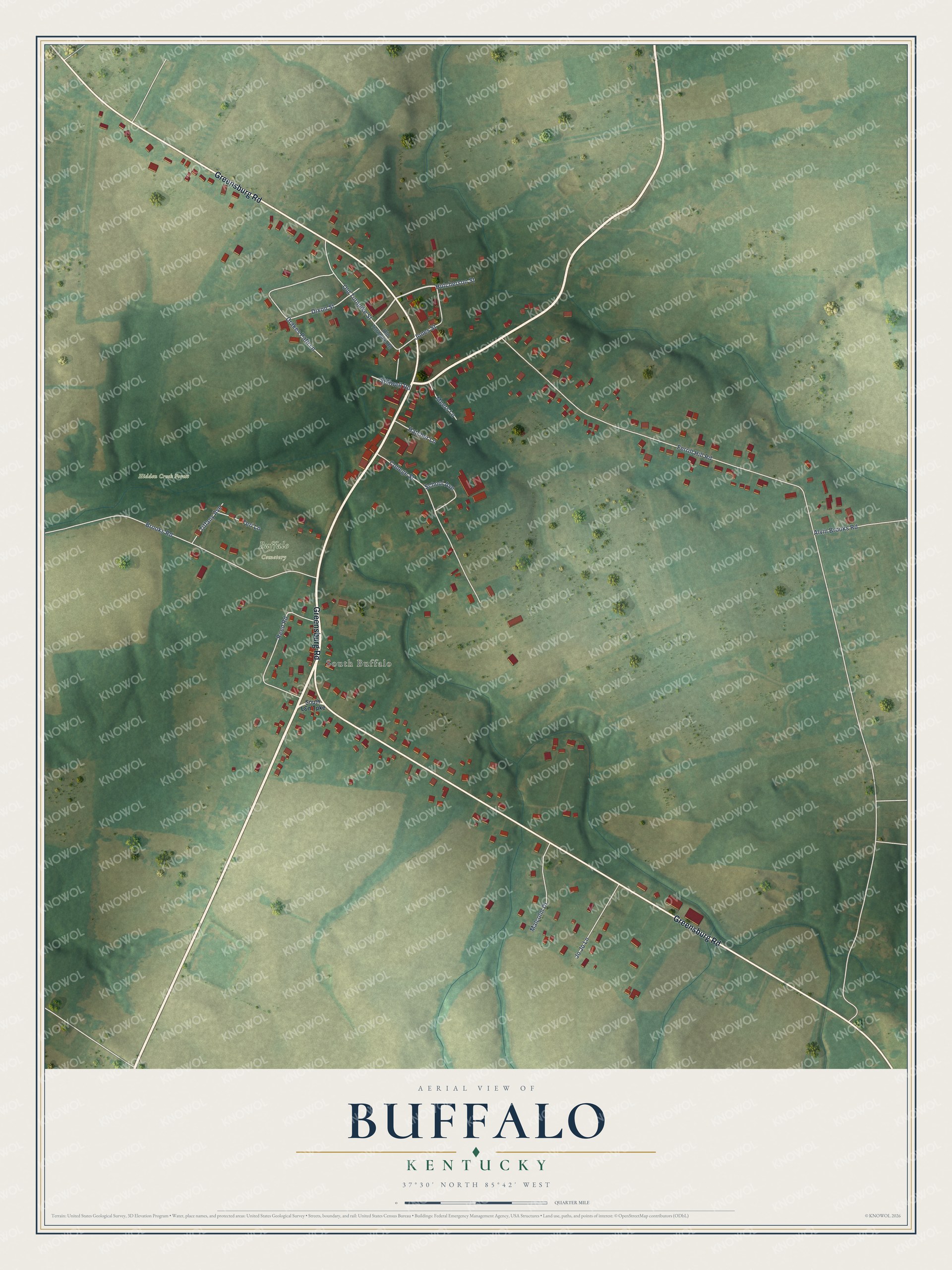 Full map of Buffalo, Kentucky, with red buildings, printed street names and the land around them
