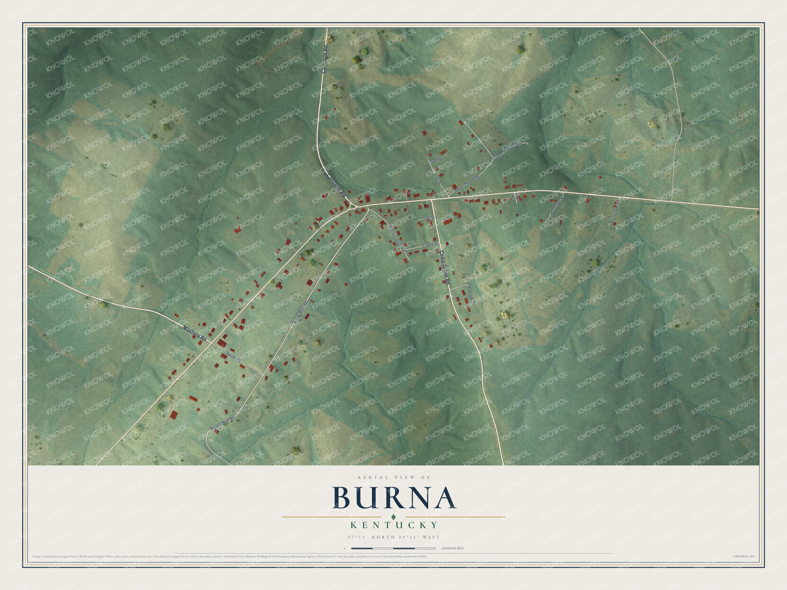 Full map of Burna, Kentucky, with red buildings, printed street names and the land around them