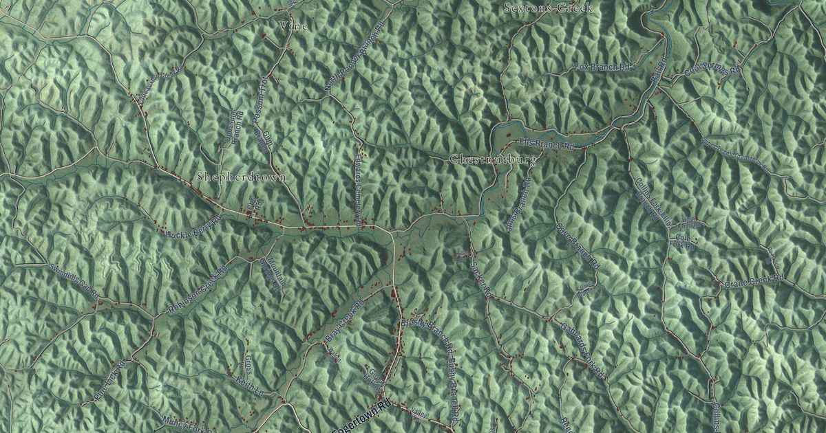 Close-up of streets and buildings in Burning Springs, Kentucky