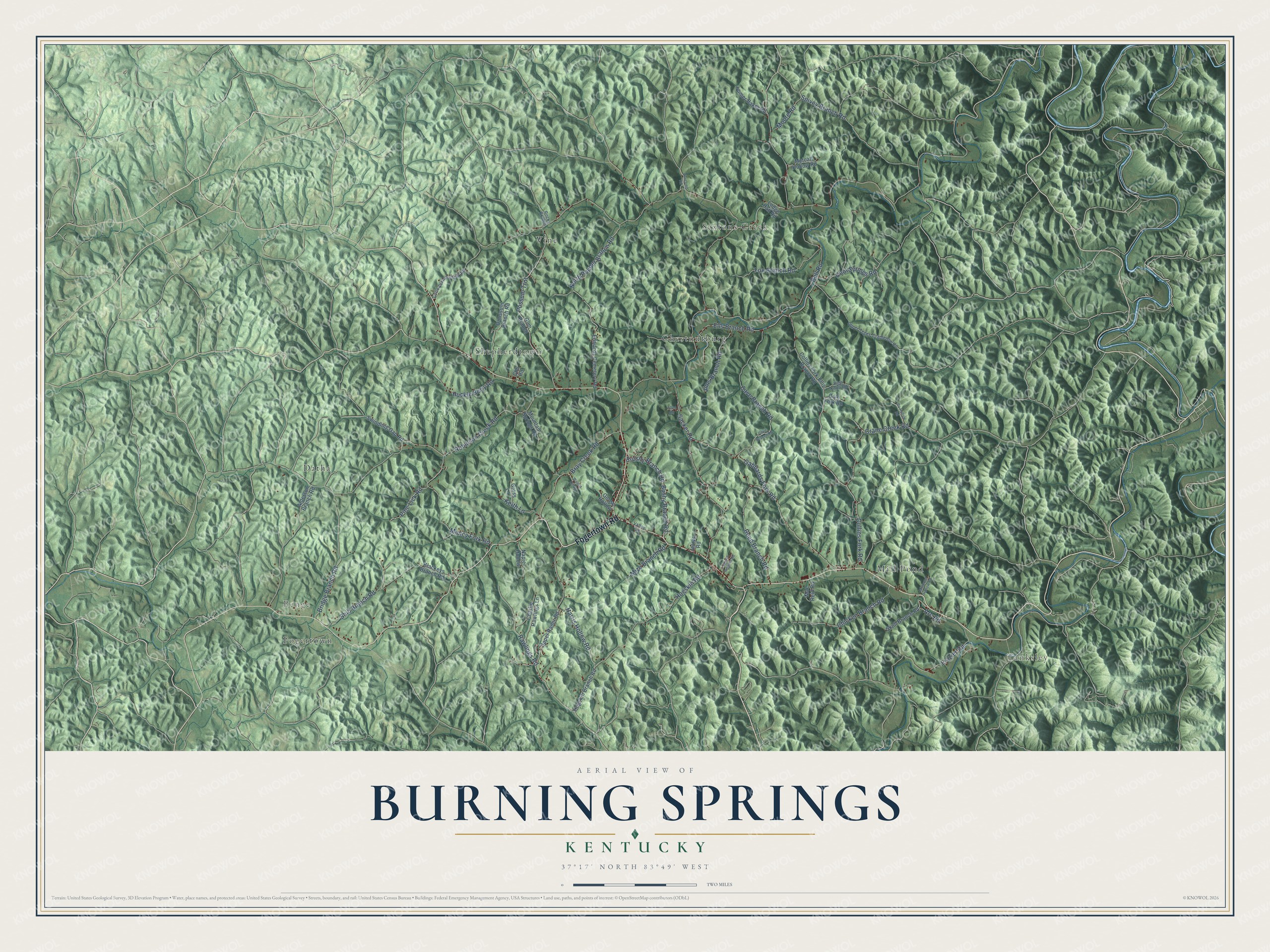 Full map of Burning Springs, Kentucky, with red buildings, printed street names and the land around them