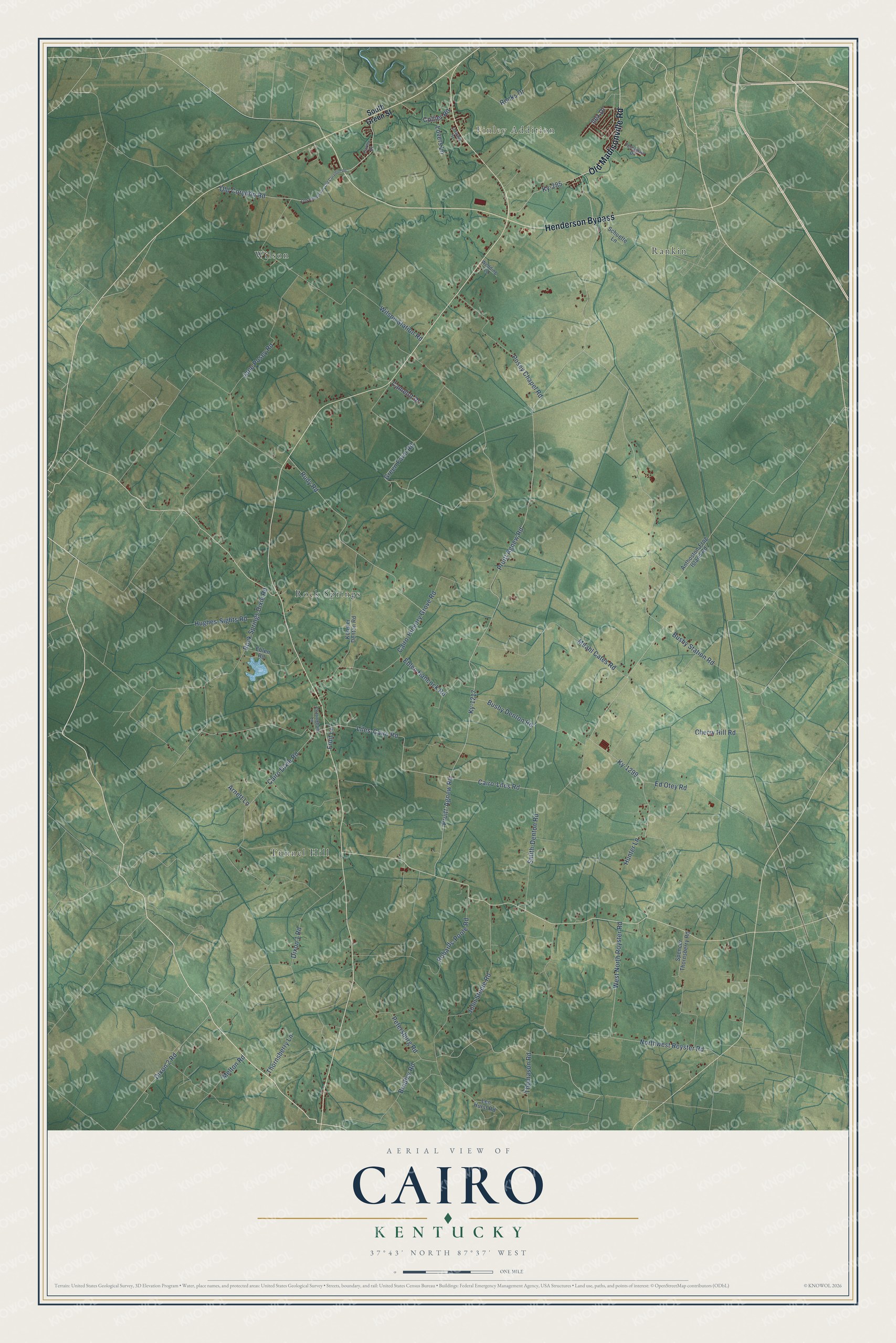Full map of Cairo, Kentucky, with red buildings, printed street names and the land around them