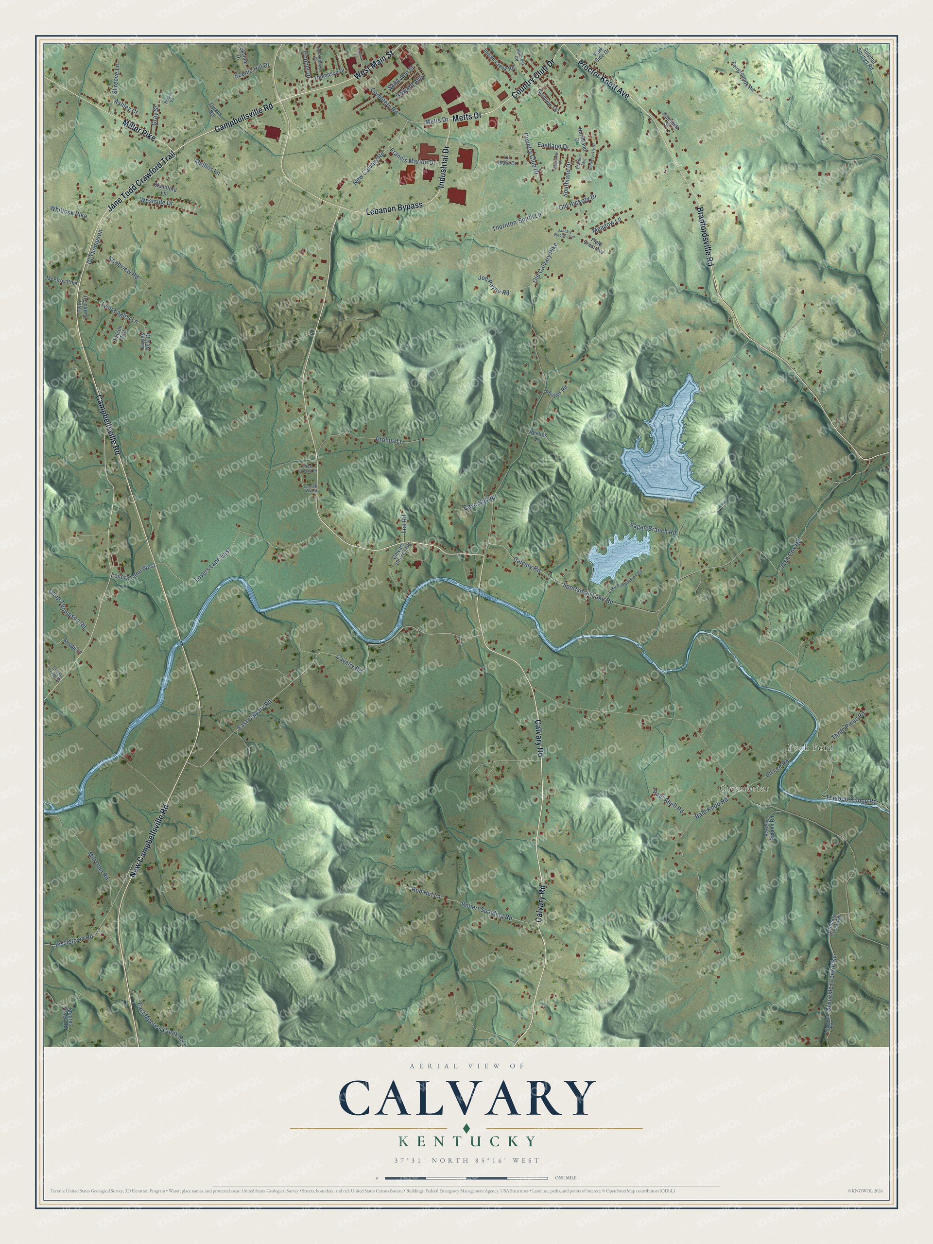 Full map of Calvary, Kentucky, with red buildings, printed street names and the land around them