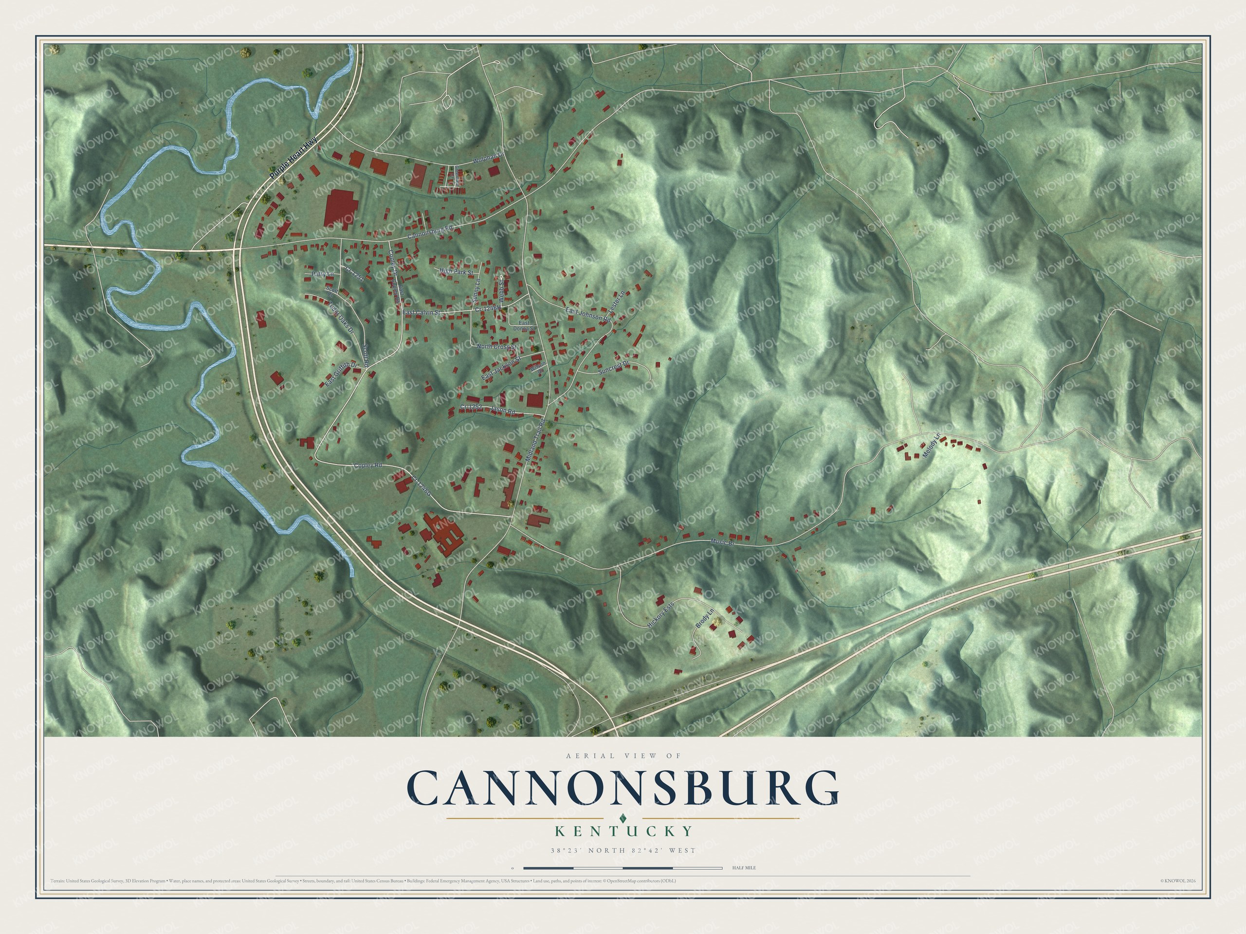 Full map of Cannonsburg, Kentucky, with red buildings, printed street names and the land around them